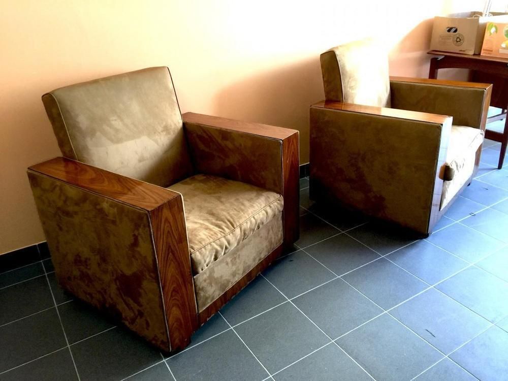photo vinterior Set Art Deco Clubfauteuils In Alcantara & Walnoot, 1930