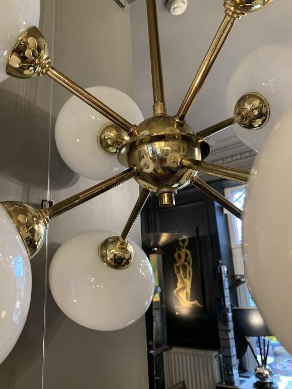 Sputnik Chandelier In Golden Brass With 8 Opaline Glass Ball Globes, 1970s photo Lighting