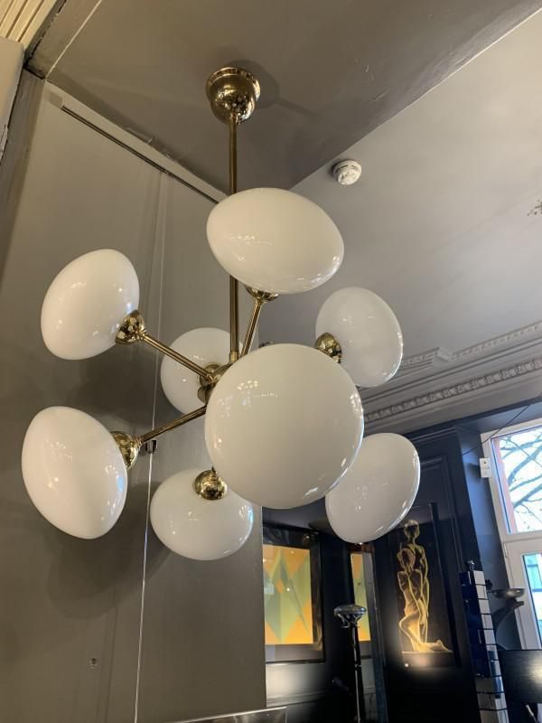 Sputnik Chandelier In Golden Brass With 8 Opaline Glass Ball Globes, 1970s photo 1494.0