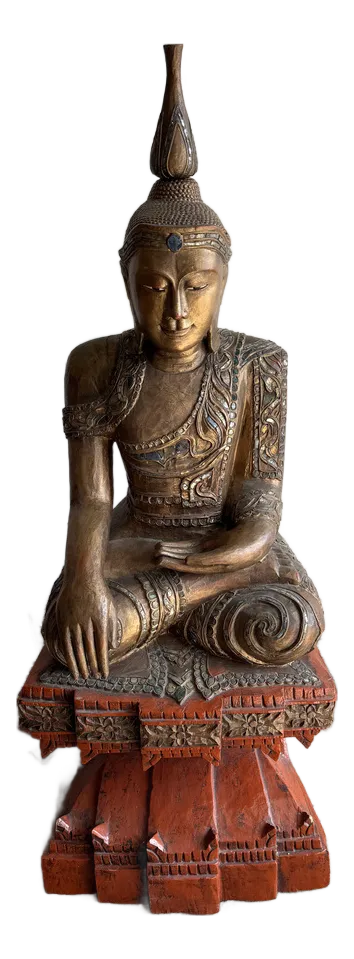 Large Seated Buddha Sculpture In Carved Base Gilded Wood