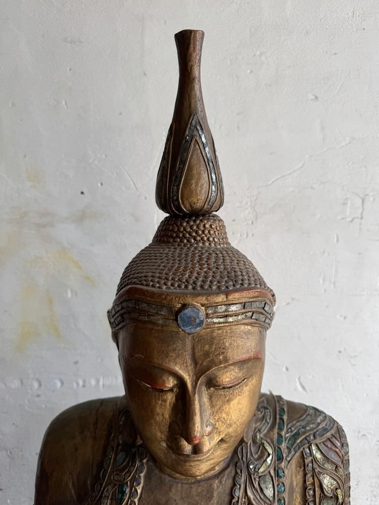 Large Seated Buddha Sculpture In Carved Base Gilded Wood photo furniture