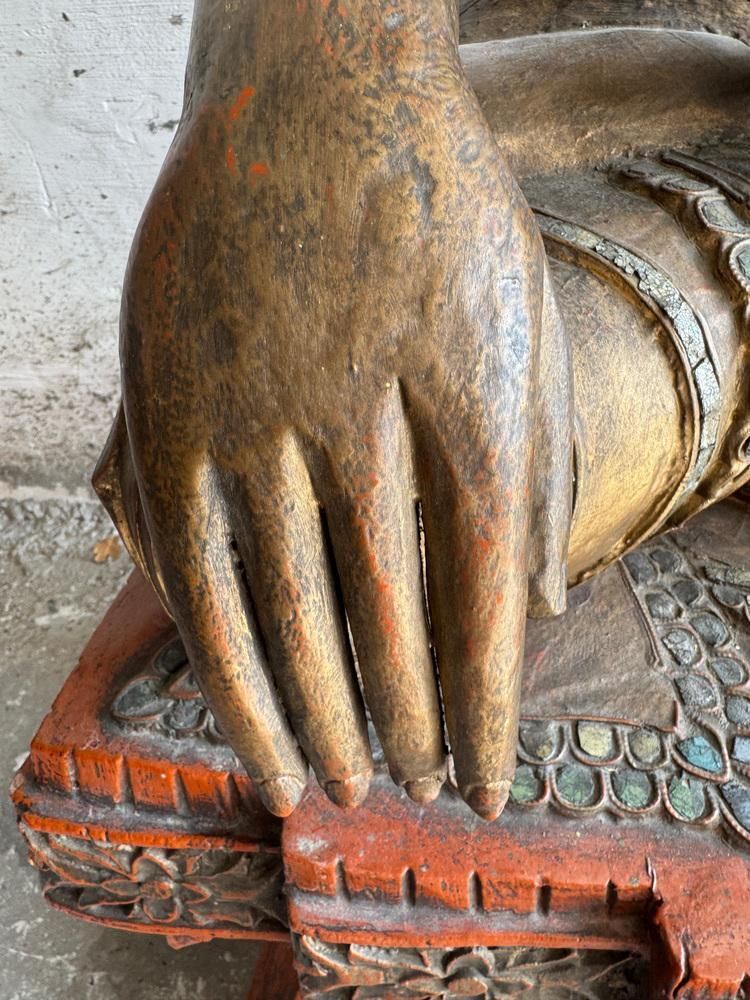 Large Seated Buddha Sculpture In Carved Base Gilded Wood photo vinterior