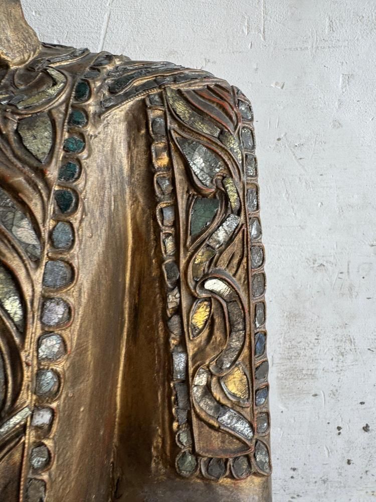 photo for sale Large Seated Buddha Sculpture In Carved Base Gilded Wood