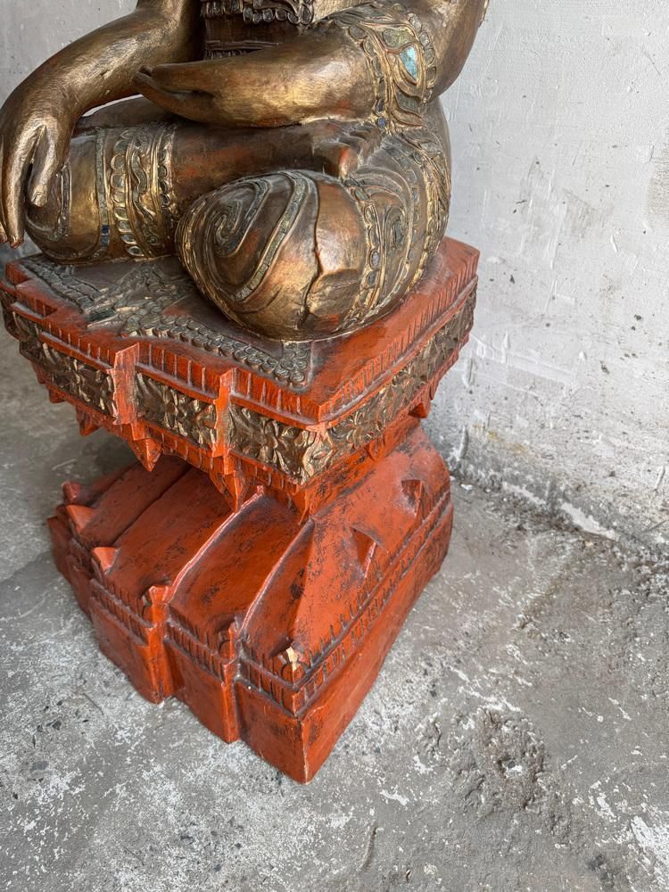 photo buy Large Seated Buddha Sculpture In Carved Base Gilded Wood