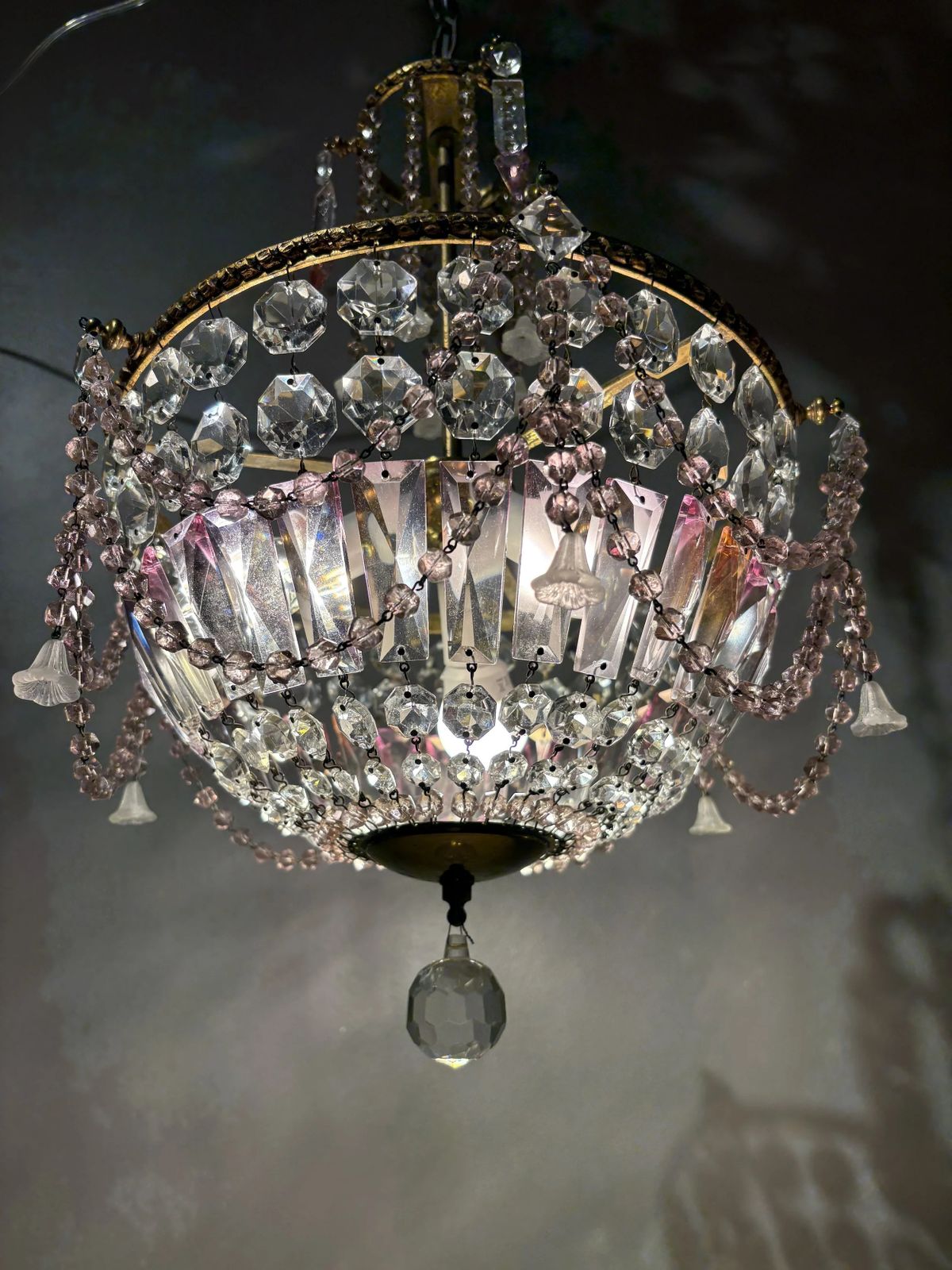 Italian Mid Century Brass And Bohemian Crystal Chandelier photo Lighting