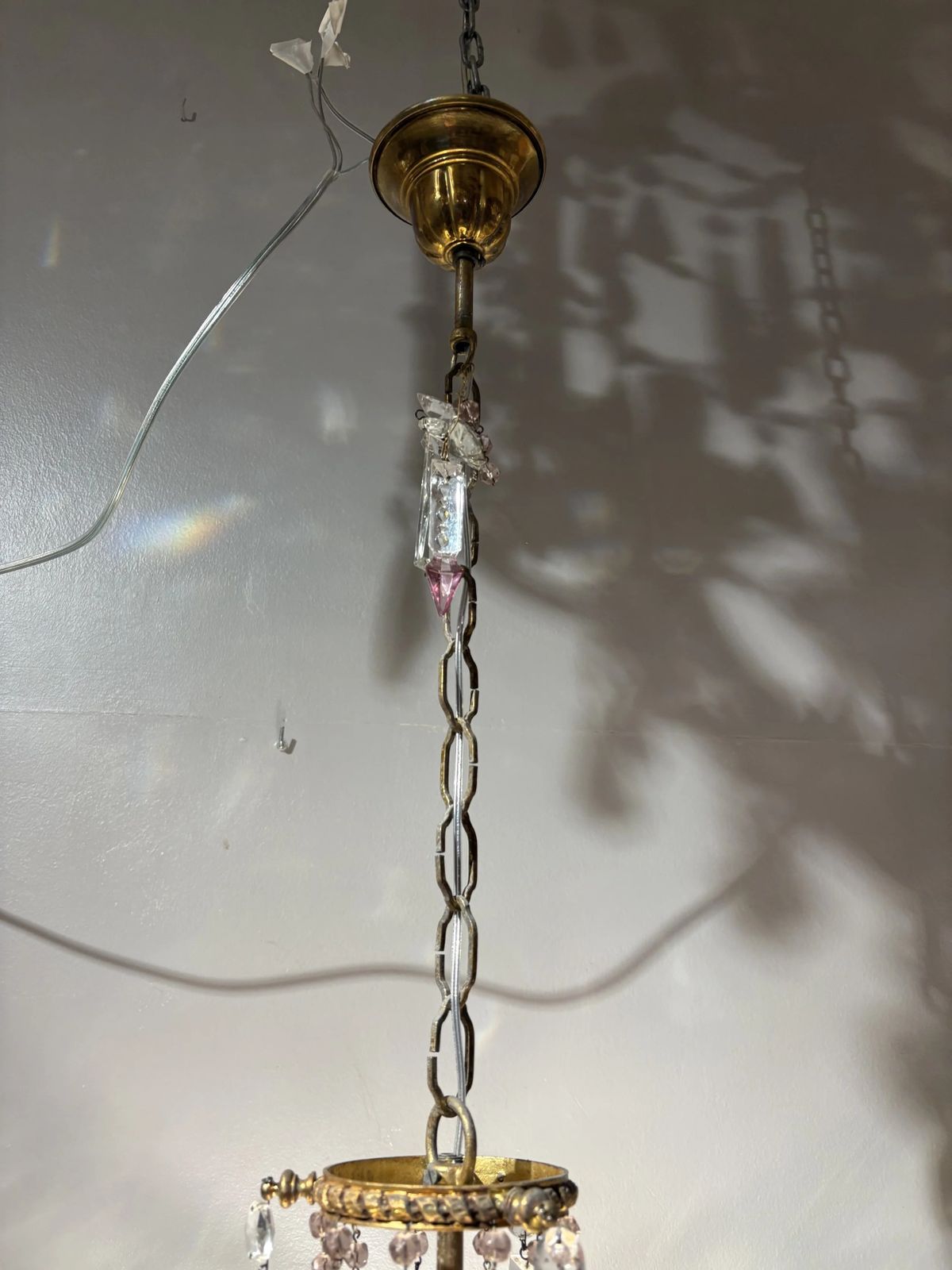 photo for sale Italian Mid Century Brass And Bohemian Crystal Chandelier