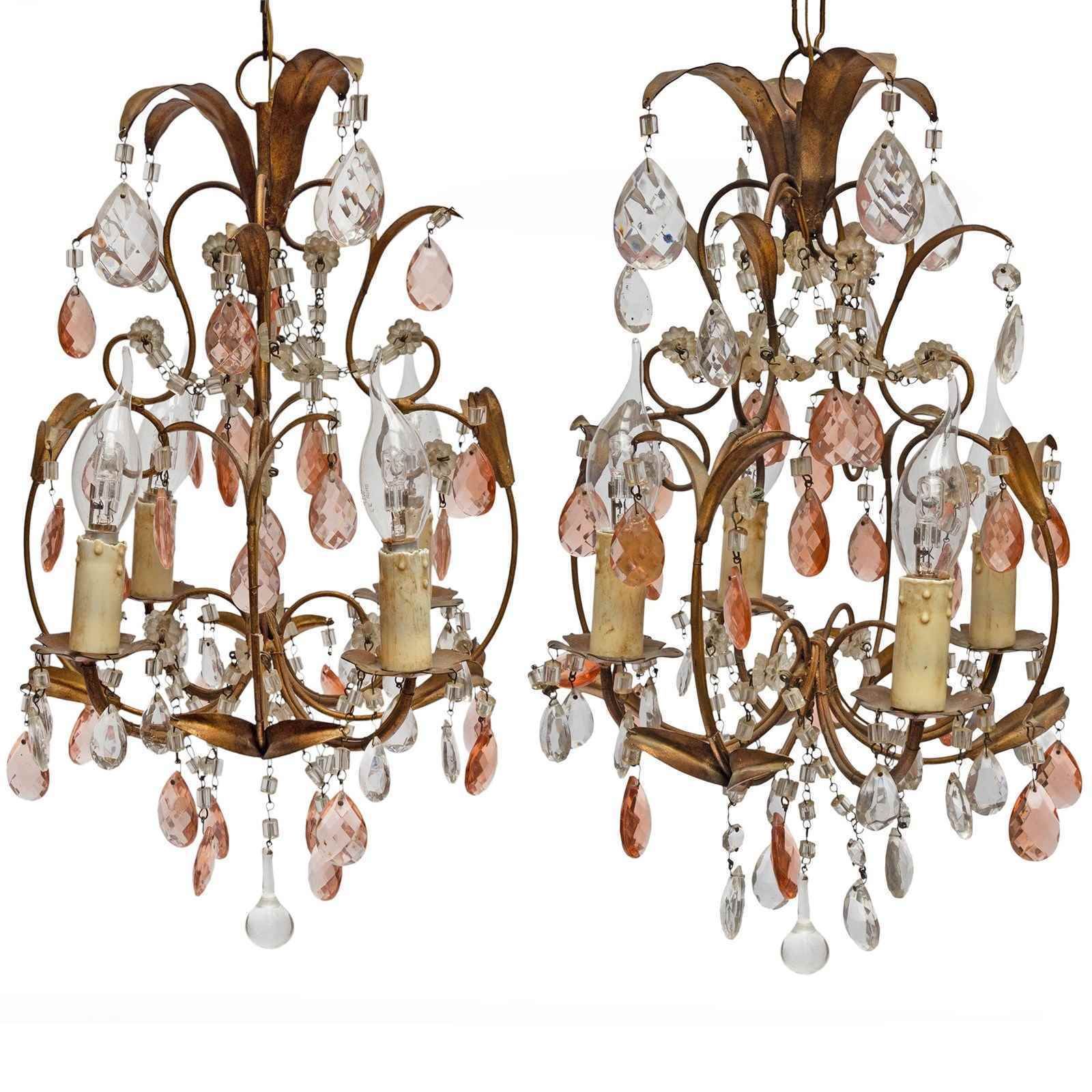 Pair Of Small 'Cosy' Chandeliers From Italy With Amber And White Cut Droplets
