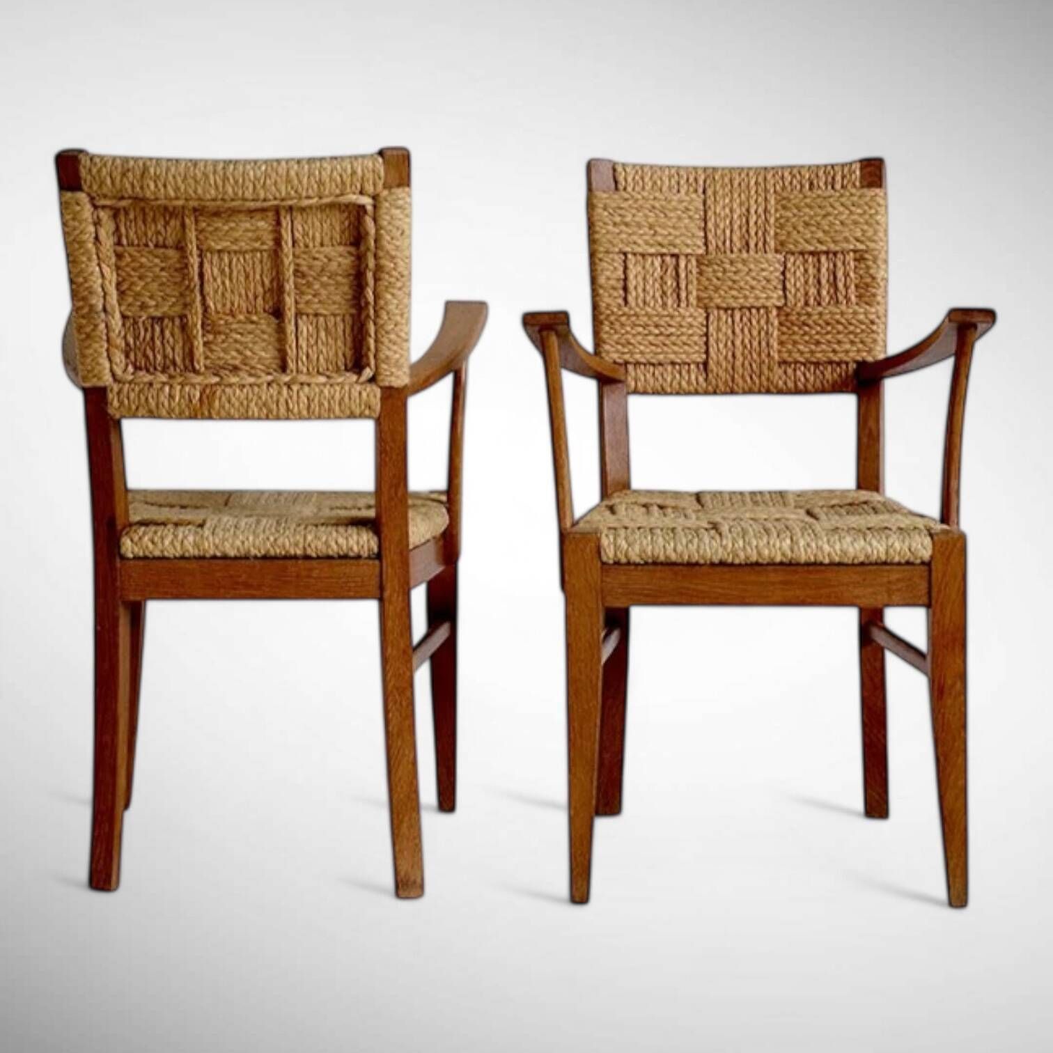 Pair Of Armchairs In Braided Raffia, Audoux Minet, 1950 photo Furniture