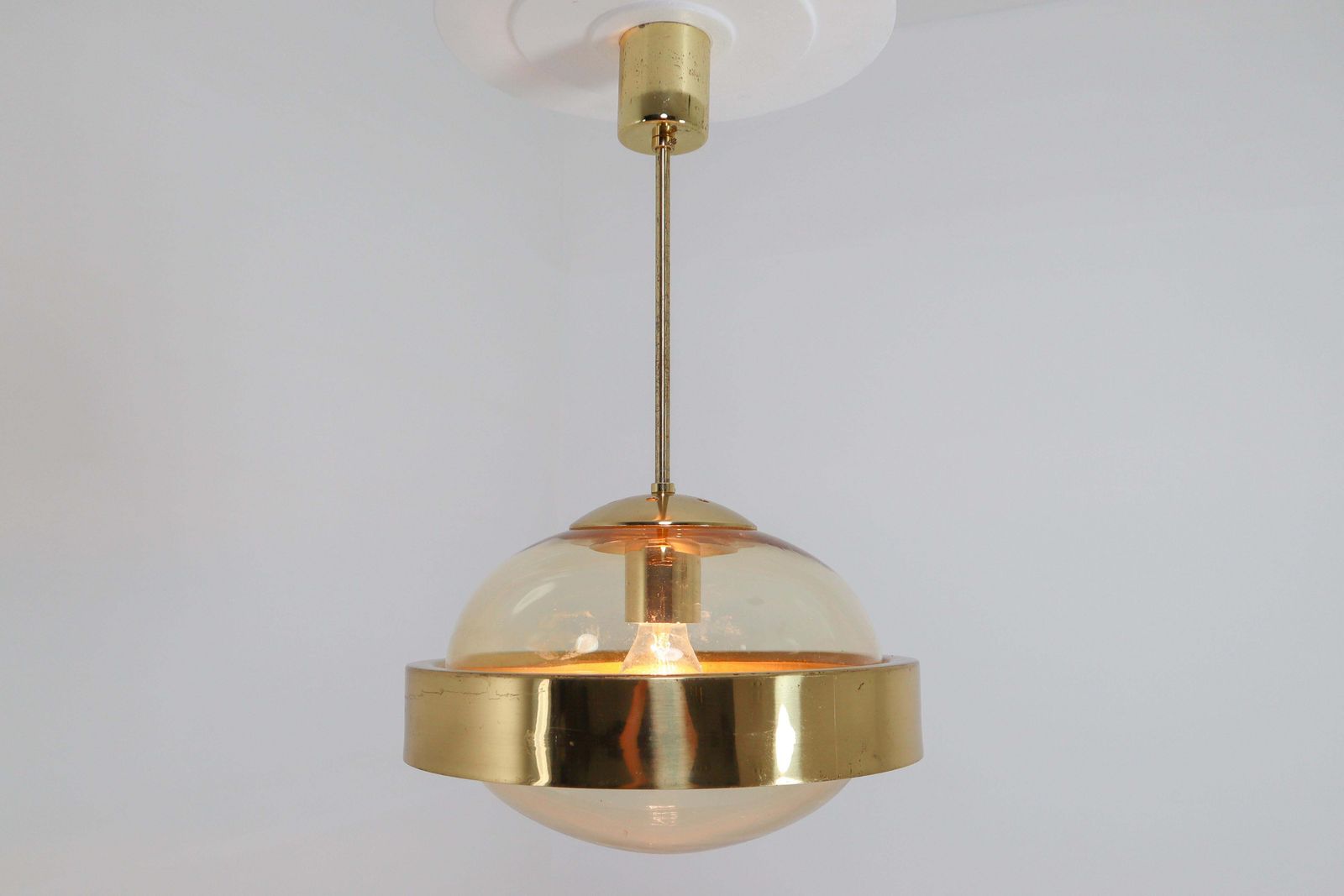 Mid Century Modernist Hand Blowed Glass And Brass Pendant, 1960s photo for sale