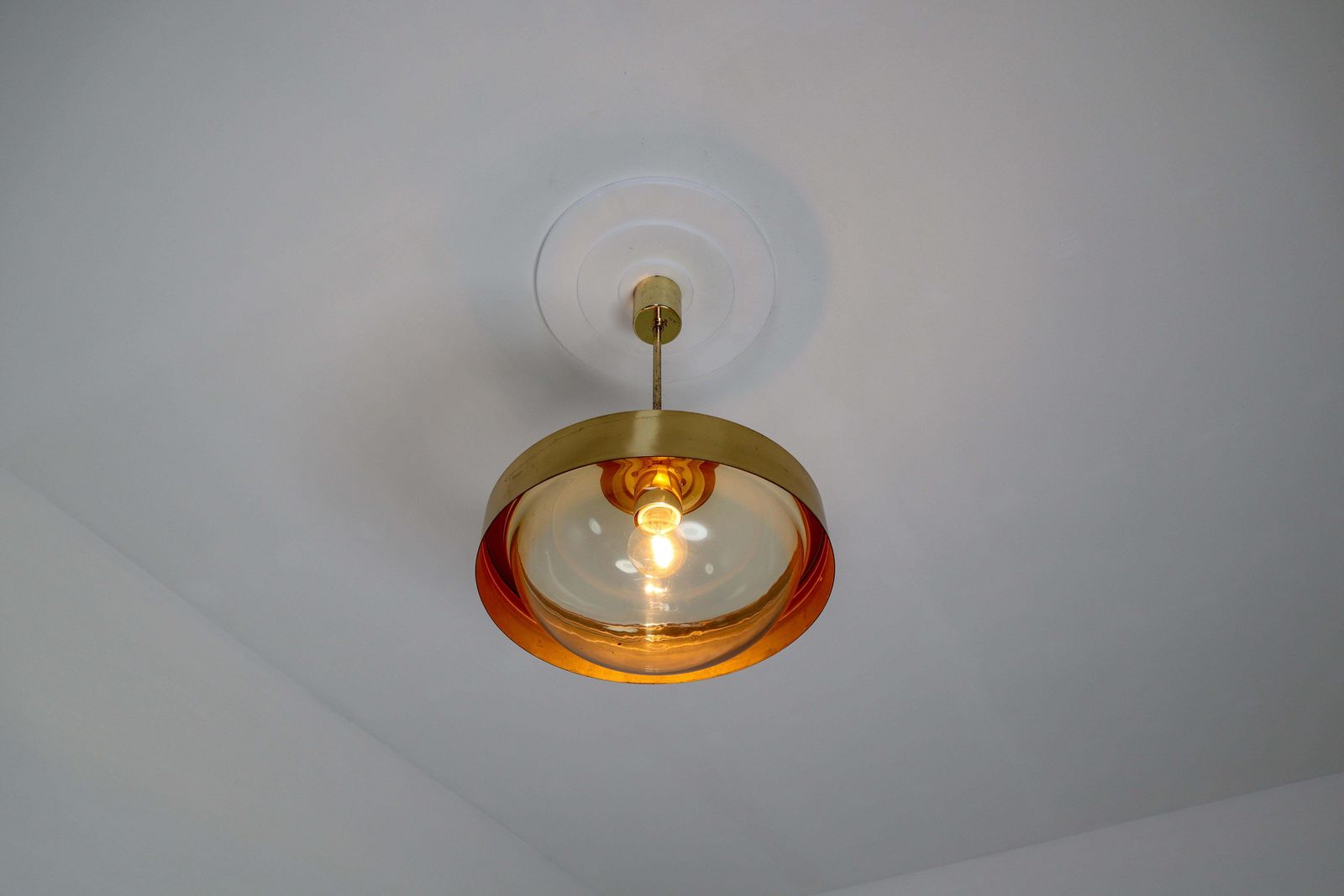 Mid Century Modernist Hand Blowed Glass And Brass Pendant, 1960s photo vinterior