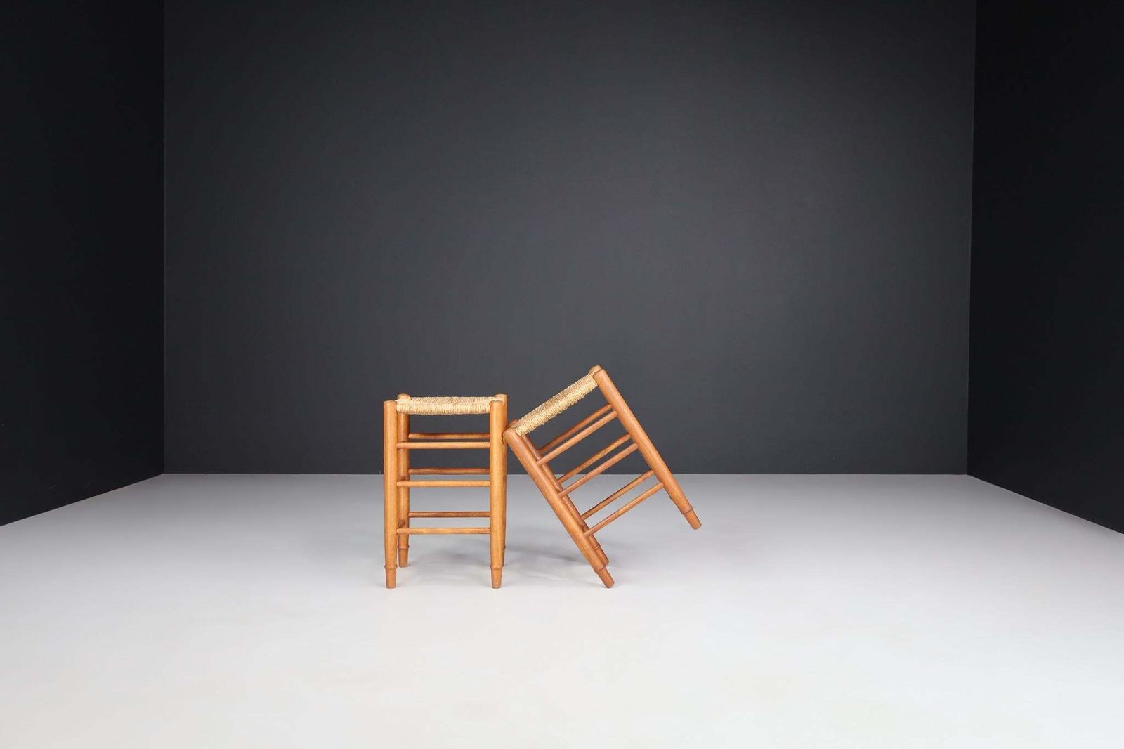 Mid Century Modern Pinewood And Rush Stools In The Style Of Charlotte Perriand photo Furniture