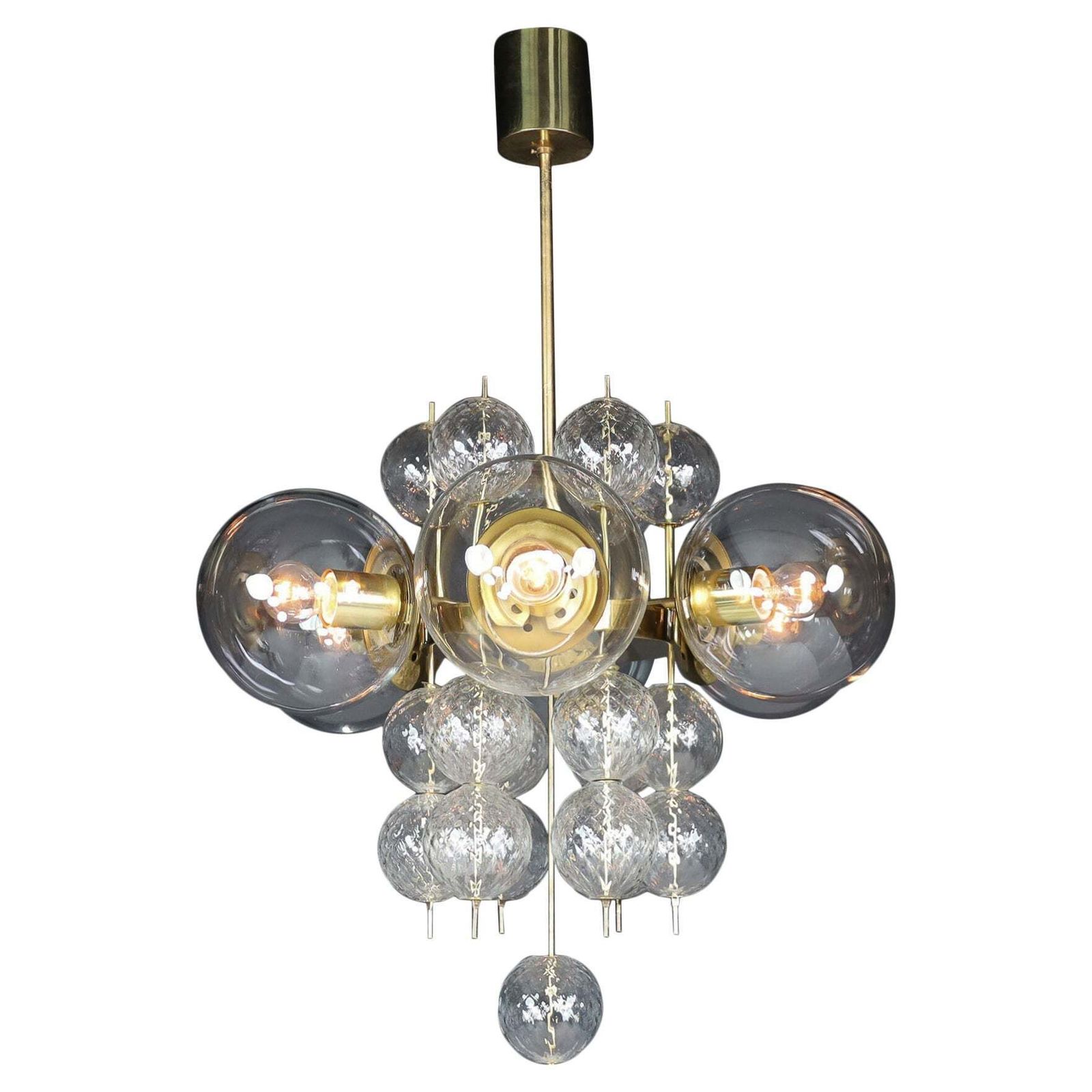 Mid Century Chandelier With Brass Fixture And  Glass Globes By Preciosa, Czechia