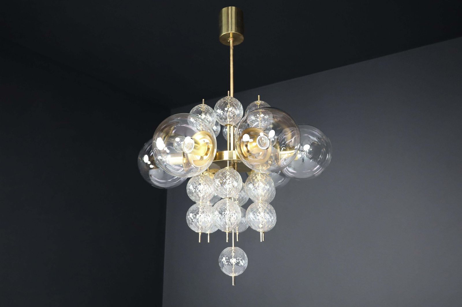 Mid Century Chandelier With Brass Fixture And  Glass Globes By Preciosa, Czechia photo vintage
