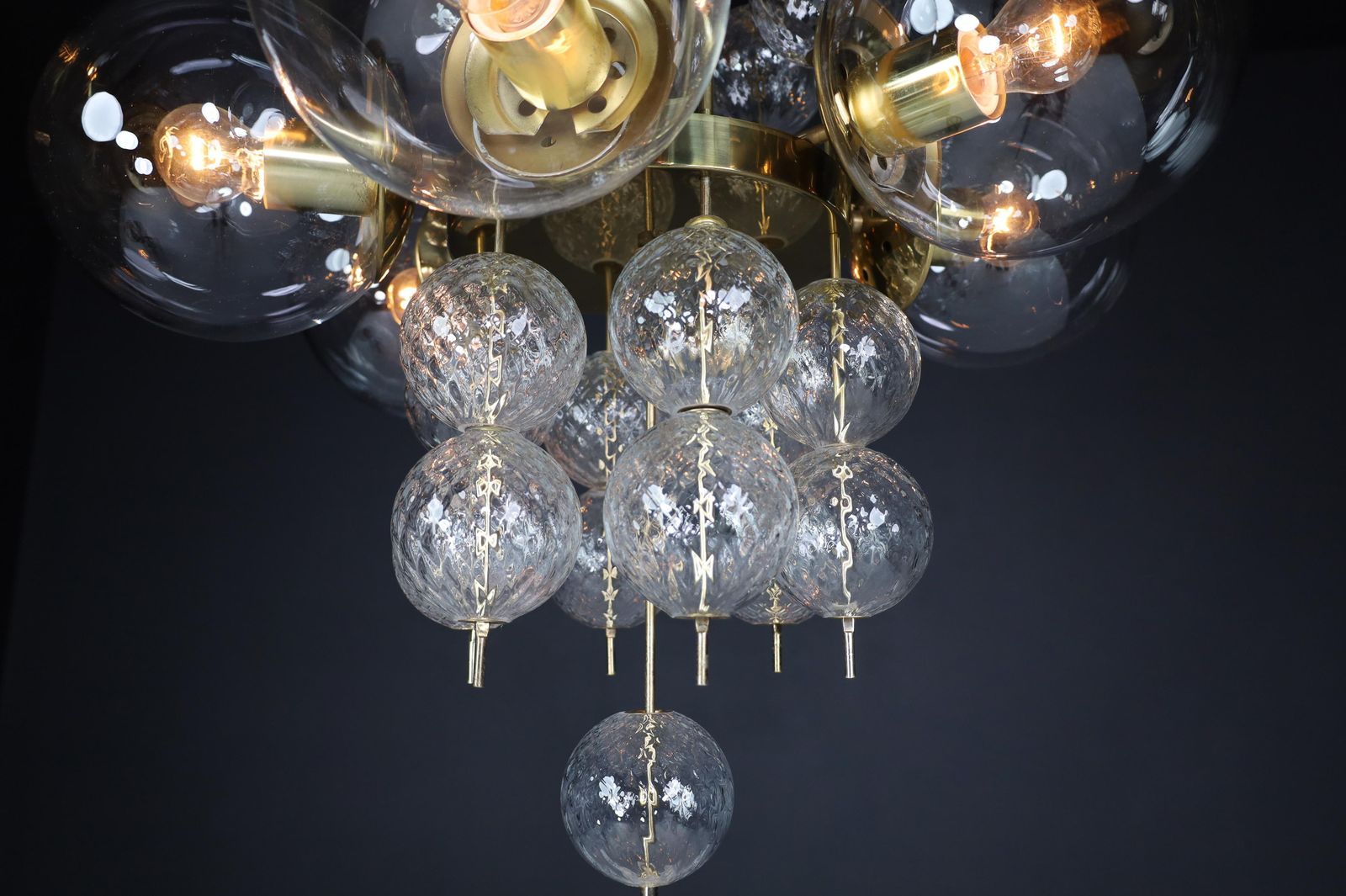 photo vinterior Mid Century Chandelier With Brass Fixture And  Glass Globes By Preciosa, Czechia