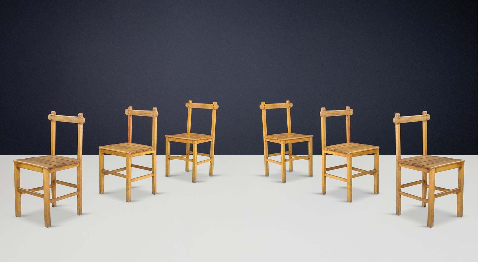 Set Of 6 Primitive Rustic Beech Dining Chairs, France, 1950s photo Furniture