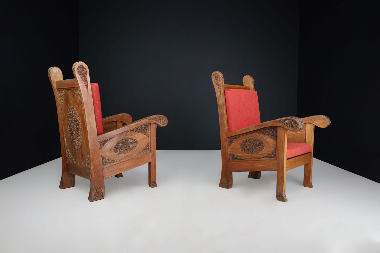 Hand Carved Walnut High Back Chairs, Indonesia, Early 20th Century photo Furniture