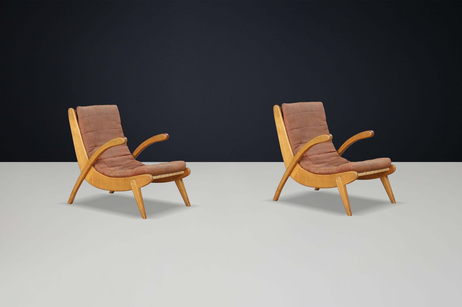 Jan Vanek's Curved Easy Chairs Curved Oak, Canvas And Original Upholstery 1950s photo furniture