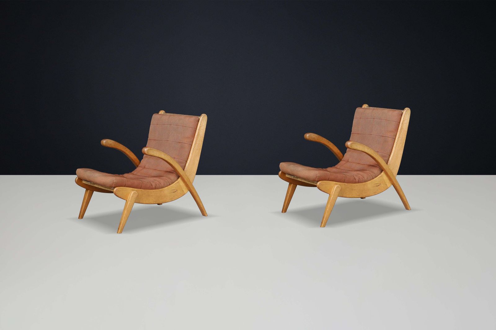 Jan Vanek's Curved Easy Chairs Curved Oak, Canvas And Original Upholstery 1950s photo for sale
