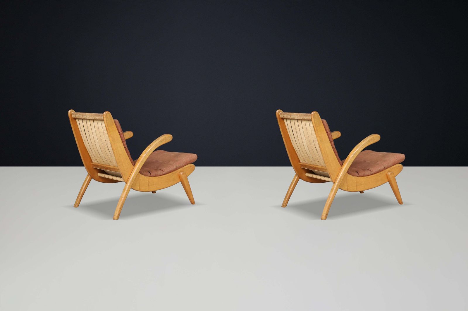 Jan Vanek's Curved Easy Chairs Curved Oak, Canvas And Original Upholstery 1950s photo buy
