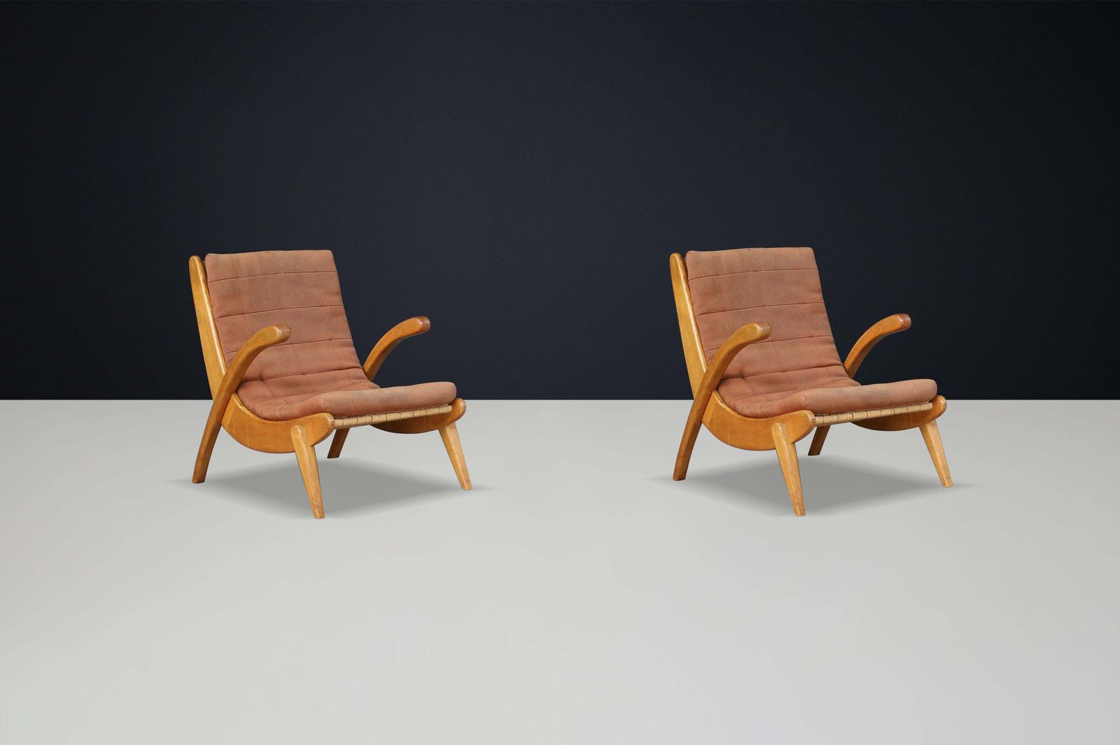 photo furniture Jan Vanek's Curved Easy Chairs Curved Oak, Canvas And Original Upholstery 1950s