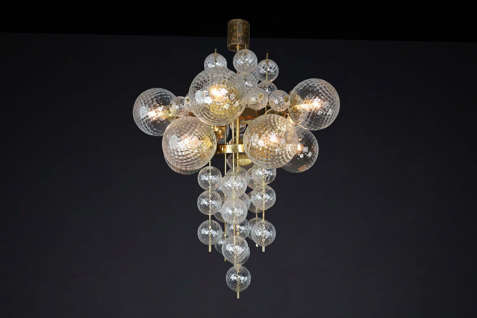 Chandelier With Patinated Brass Fixture And Hand Blowed Glass Globes  Cz 1960s photo vinterior
