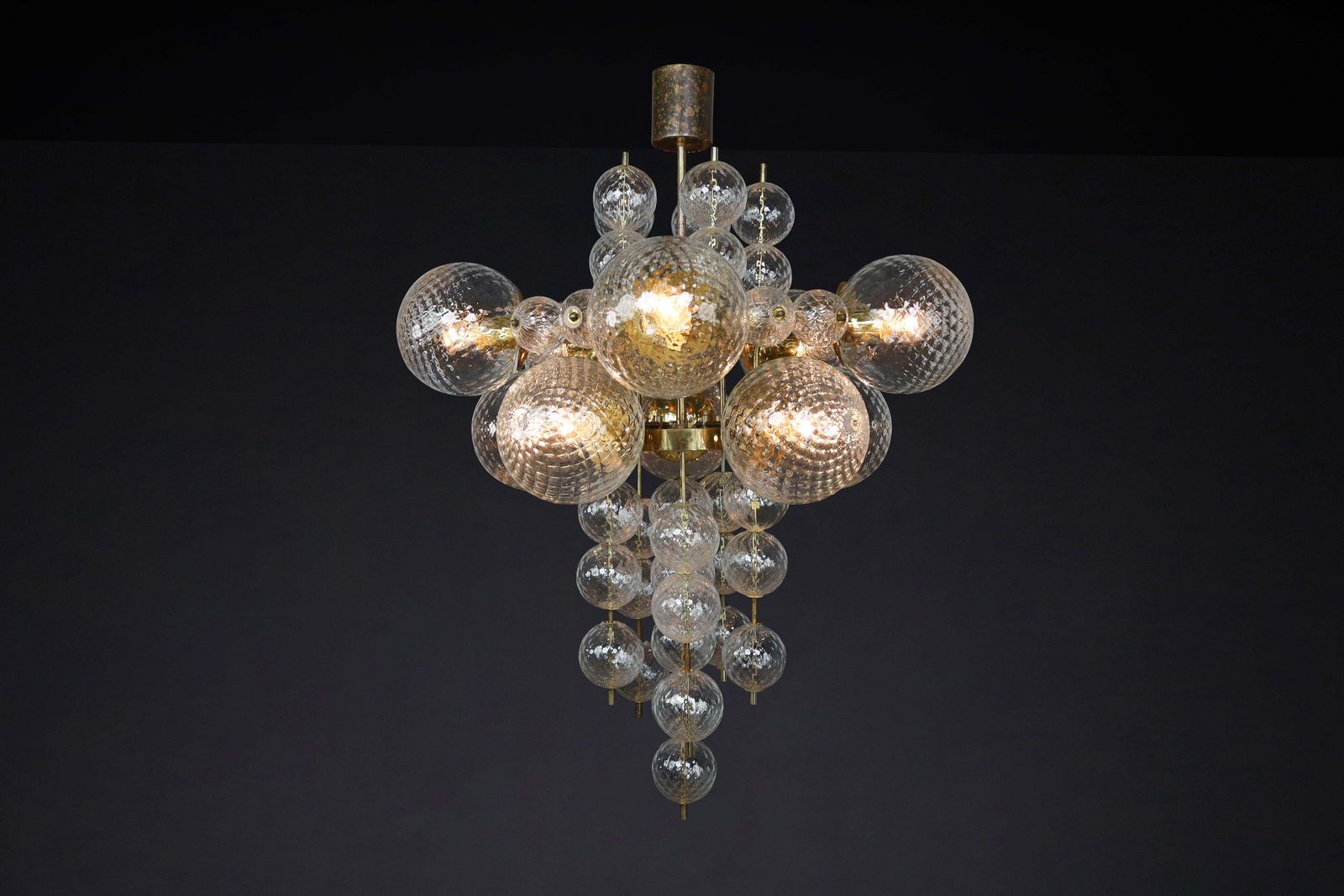 Chandelier With Patinated Brass Fixture And Hand Blowed Glass Globes  Cz 1960s photo buy