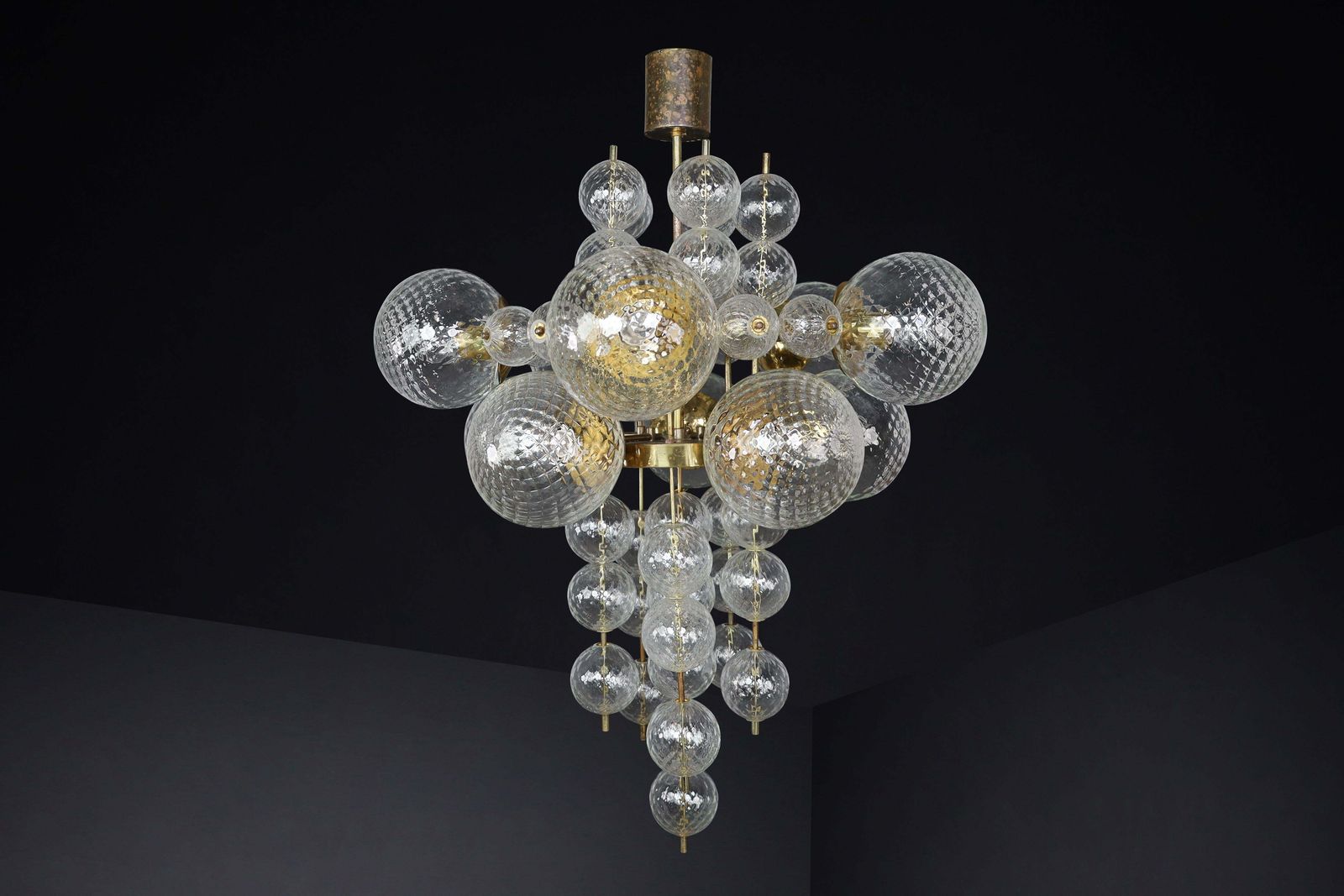 photo for sale Chandelier With Patinated Brass Fixture And Hand Blowed Glass Globes  Cz 1960s