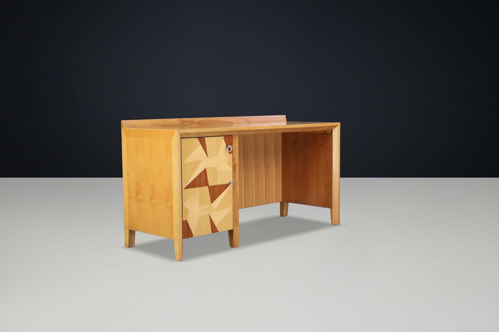 photo furniture Giovanni Michelucci Geometric Inlaid Wood Desk, Italy, 1970s