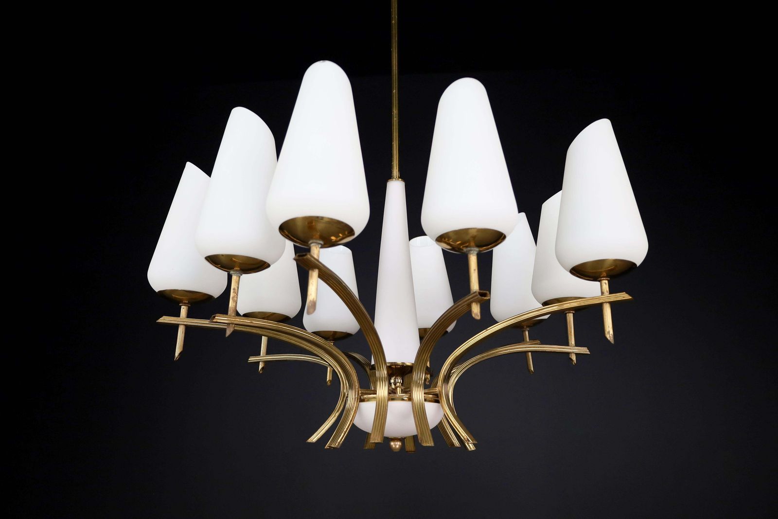 Elegant Mid Century Modern Brass And Opaline Glass Chandelier, France, 1950s photo furniture