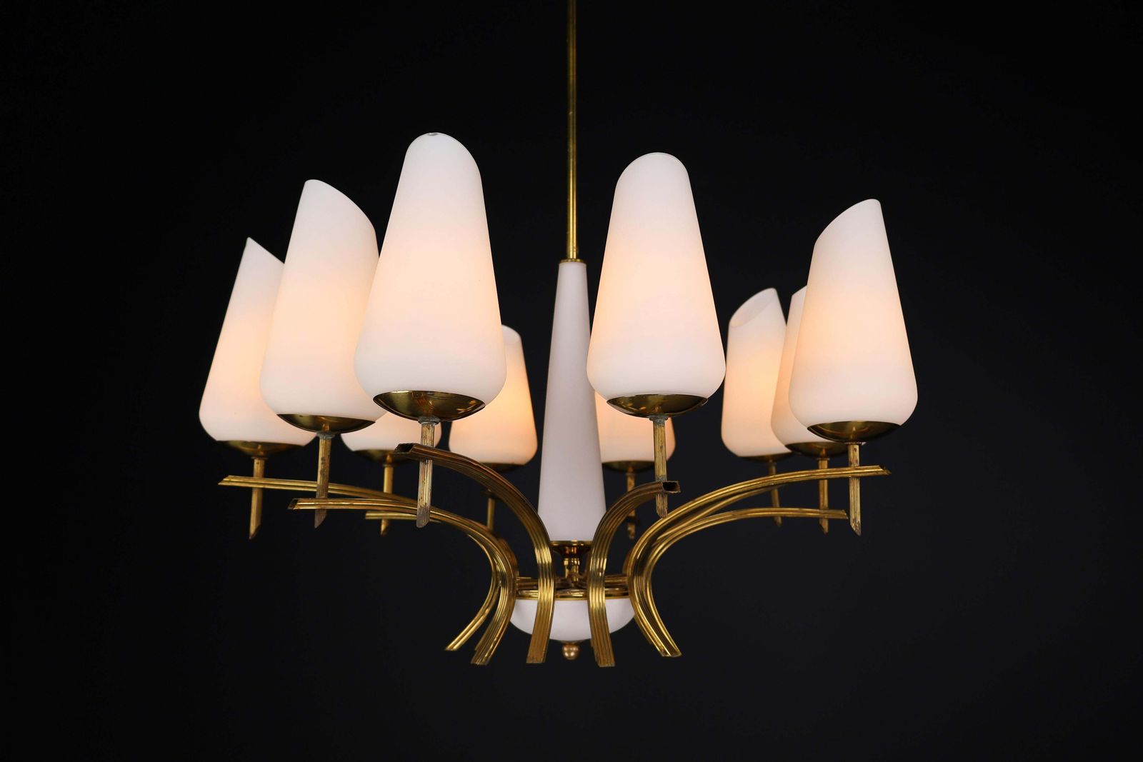 Elegant Mid Century Modern Brass And Opaline Glass Chandelier, France, 1950s photo for sale