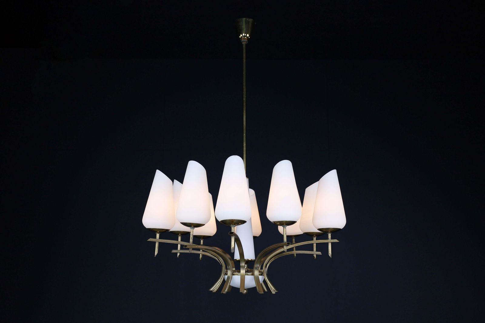Elegant Mid Century Modern Brass And Opaline Glass Chandelier, France, 1950s photo vinterior