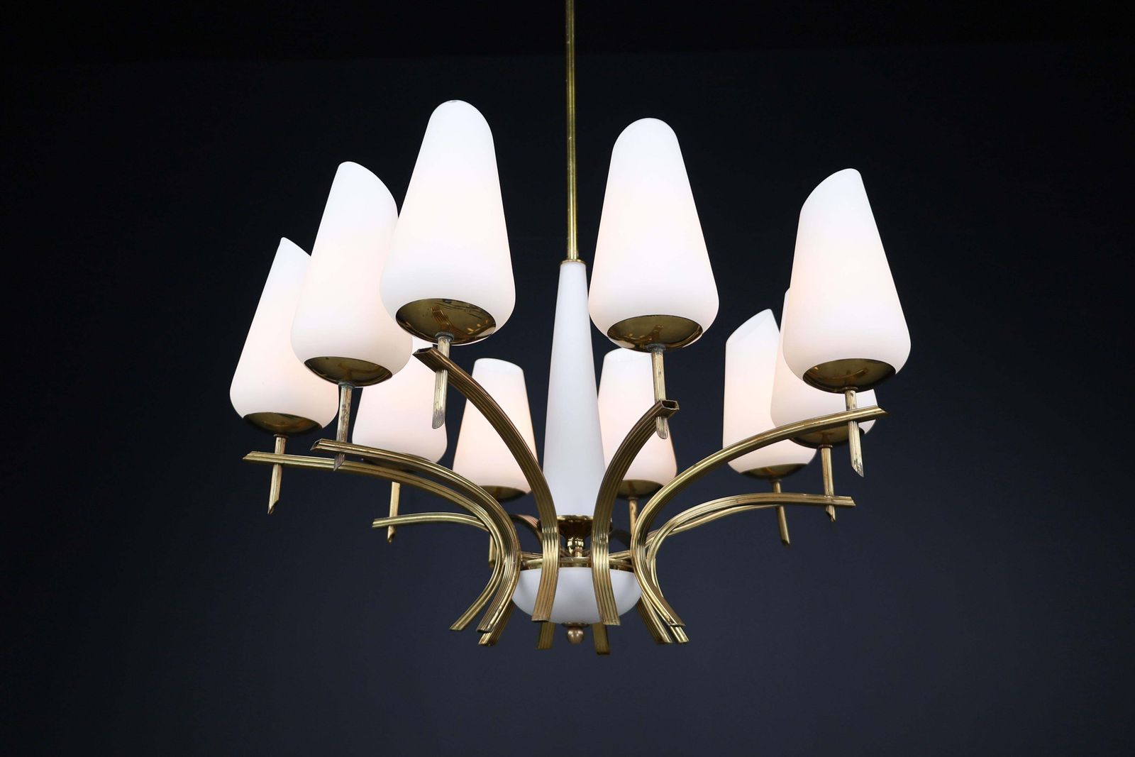 Lighting Elegant Mid Century Modern Brass And Opaline Glass Chandelier, France, 1950s photo