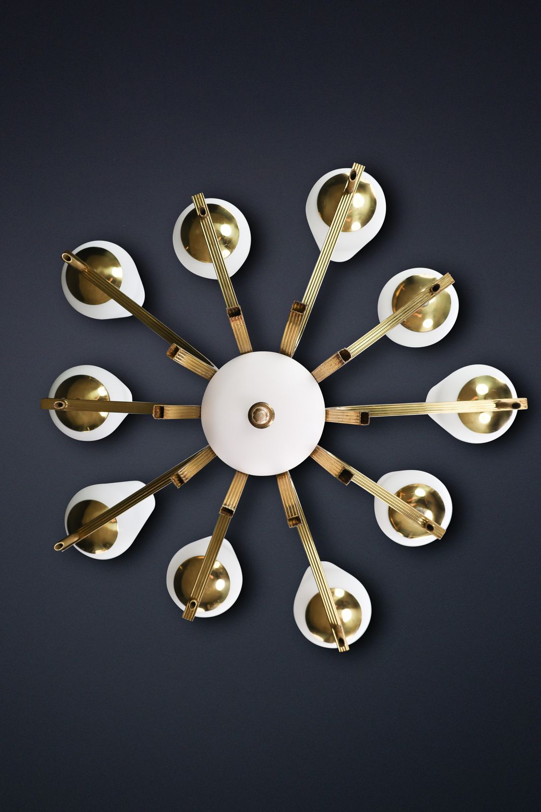 photo buy Elegant Mid Century Modern Brass And Opaline Glass Chandelier, France, 1950s