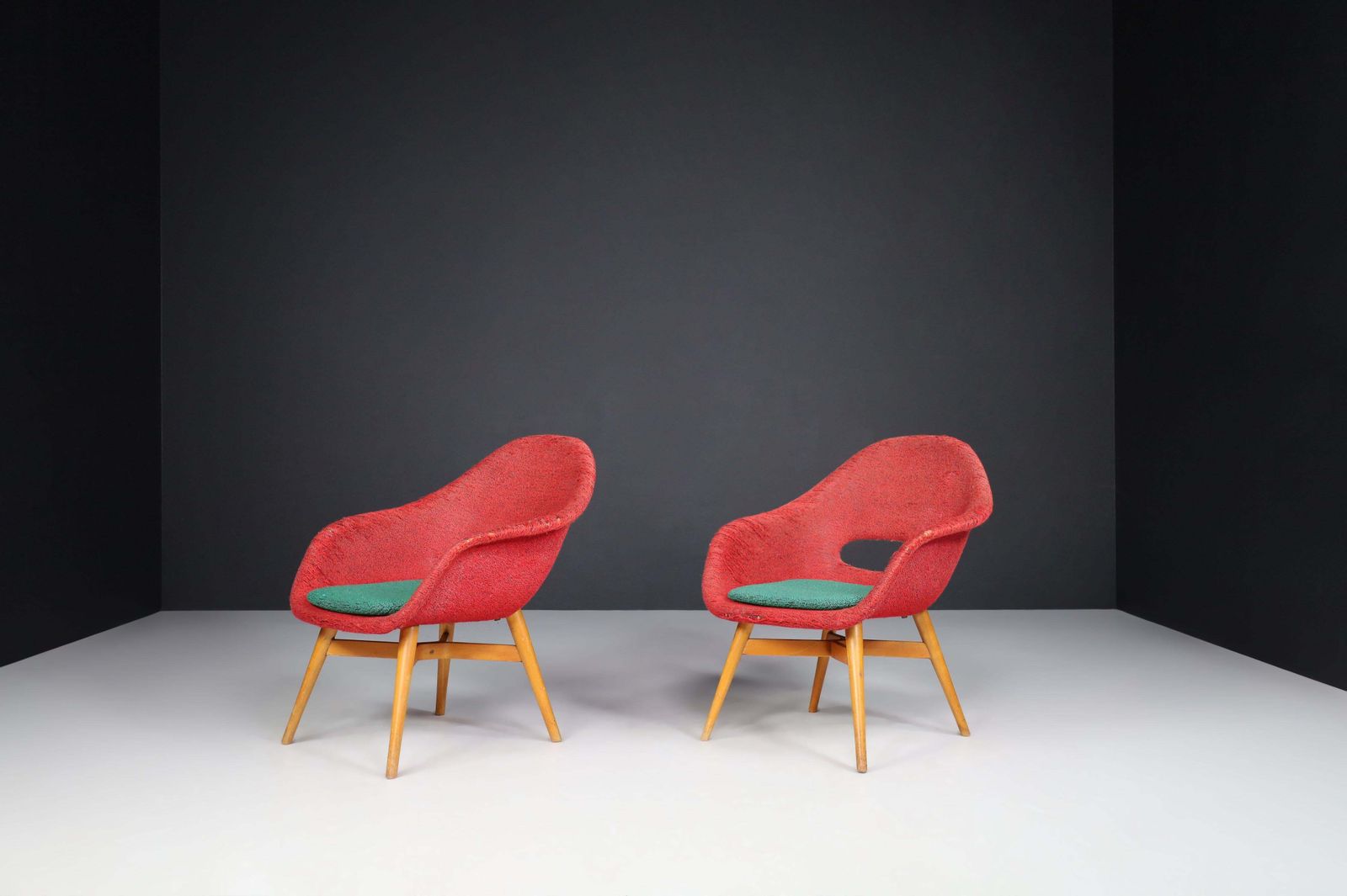 Miroslav Navratil Easy Chairs In Original Red And Green Fabric, 1960. photo Furniture