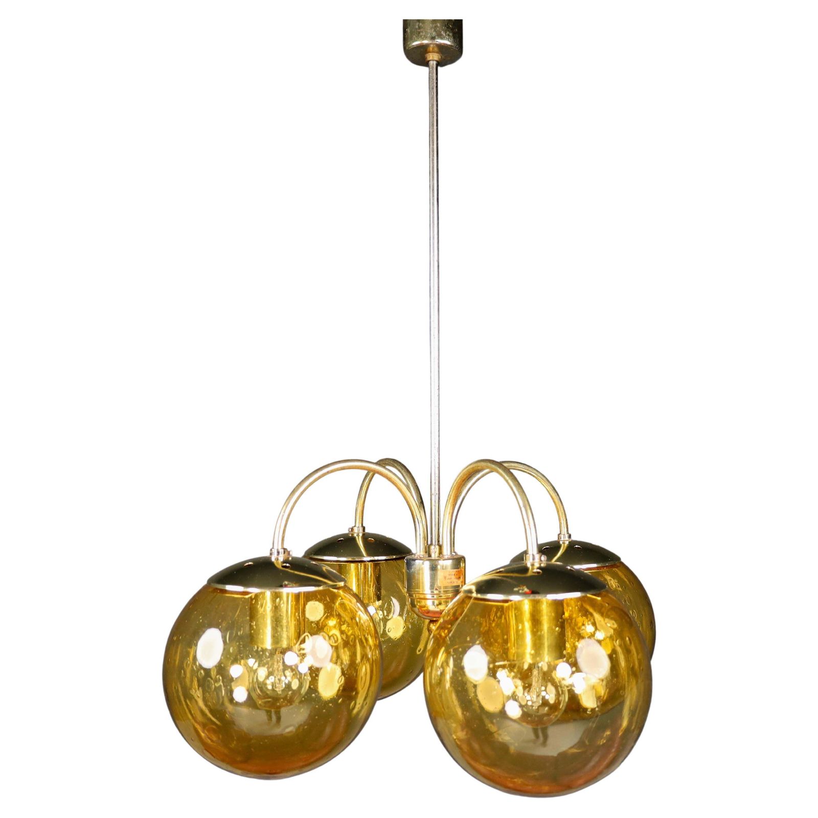 Large Chandelier In Amber Hand Blown Colored Glass Globes & Brass, Europe, 1970s