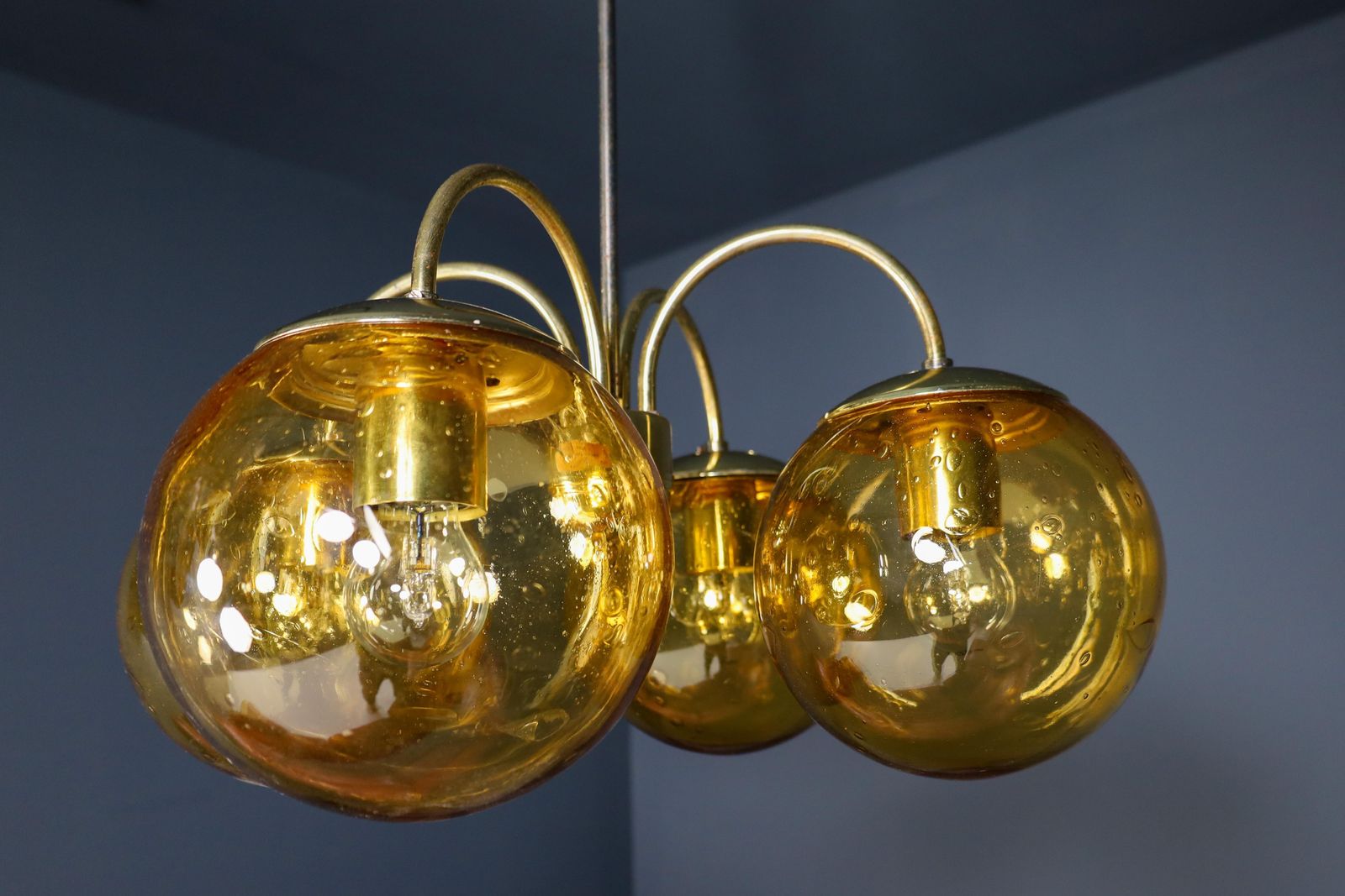 Large Chandelier In Amber Hand Blown Colored Glass Globes & Brass, Europe, 1970s photo for sale