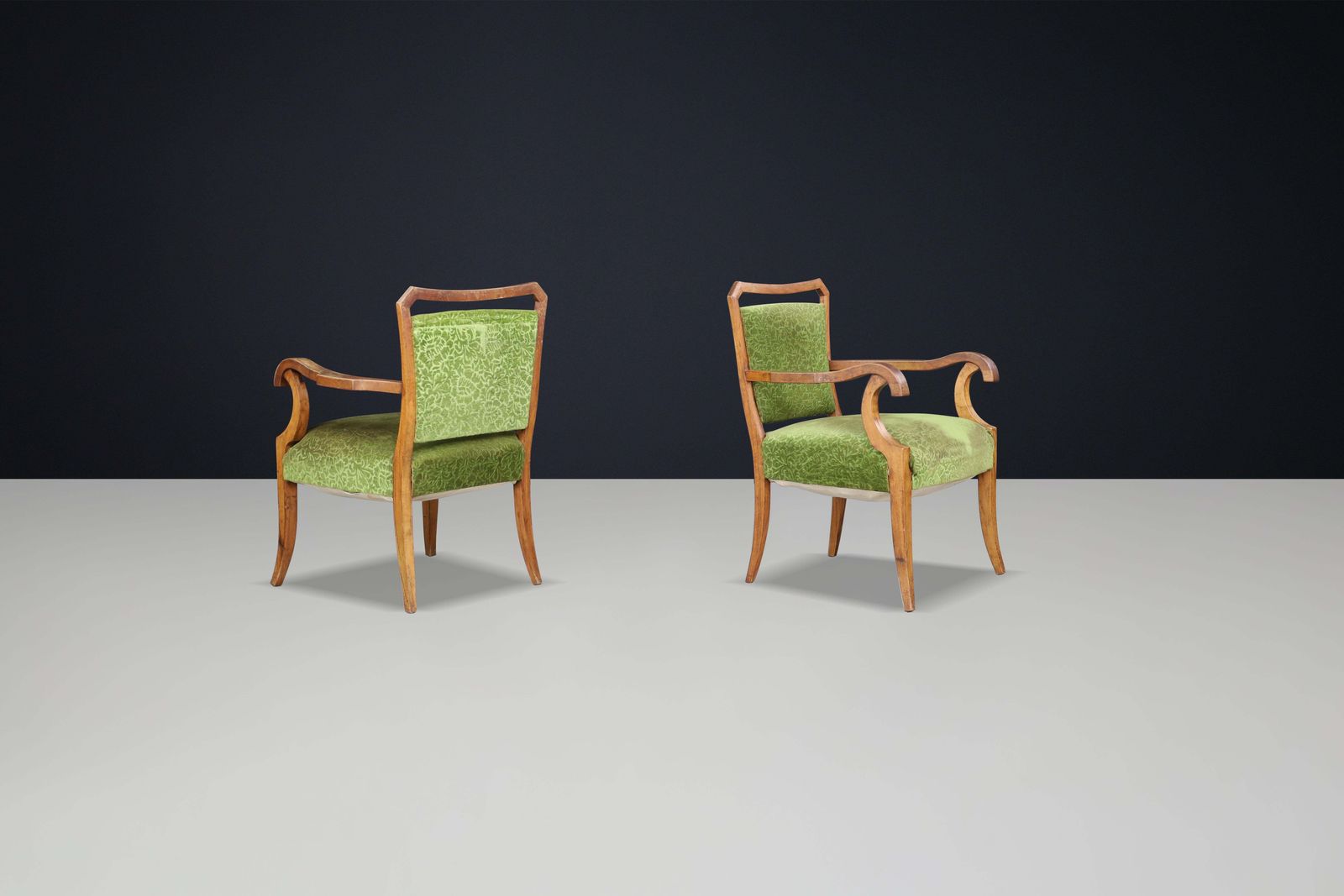Sculptural Walnut Art Deco Armchairs With Original Green Floral Upholstery Italy photo for sale