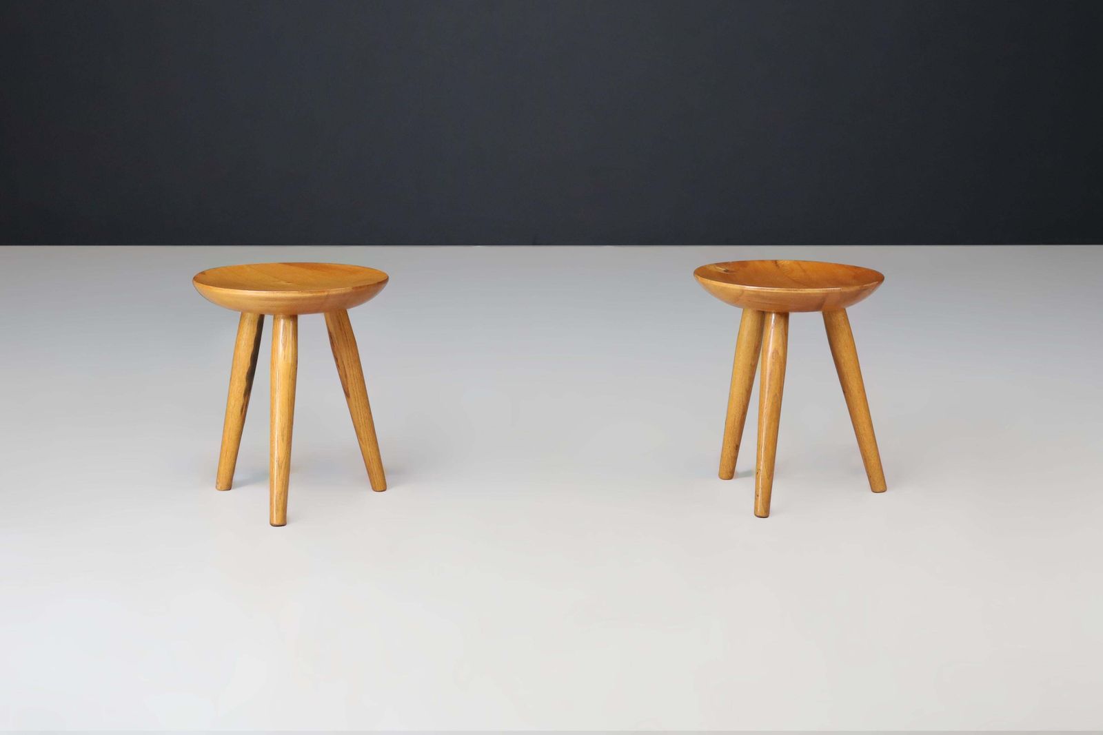 Pair Of French Mid Century Elm Wood Tabourets – France, 1950s photo vintage