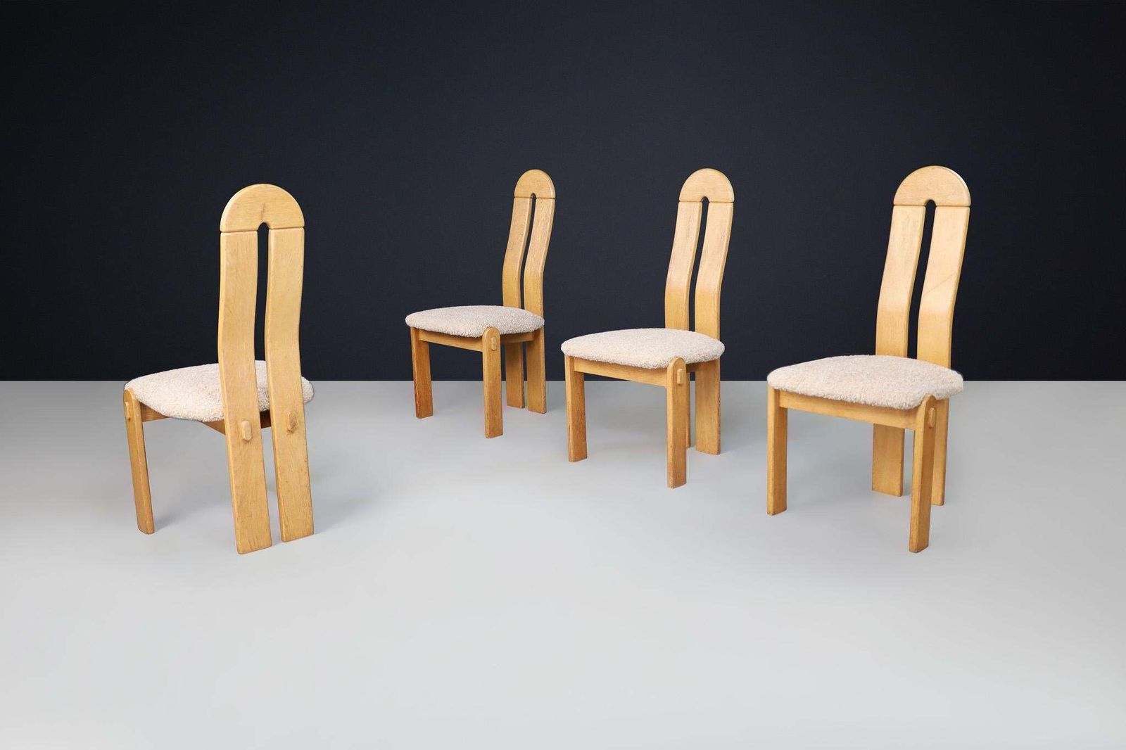 Set Of Scandinavian Modern High Back Oak Dining Chairs With Teddy Upholstery photo for sale