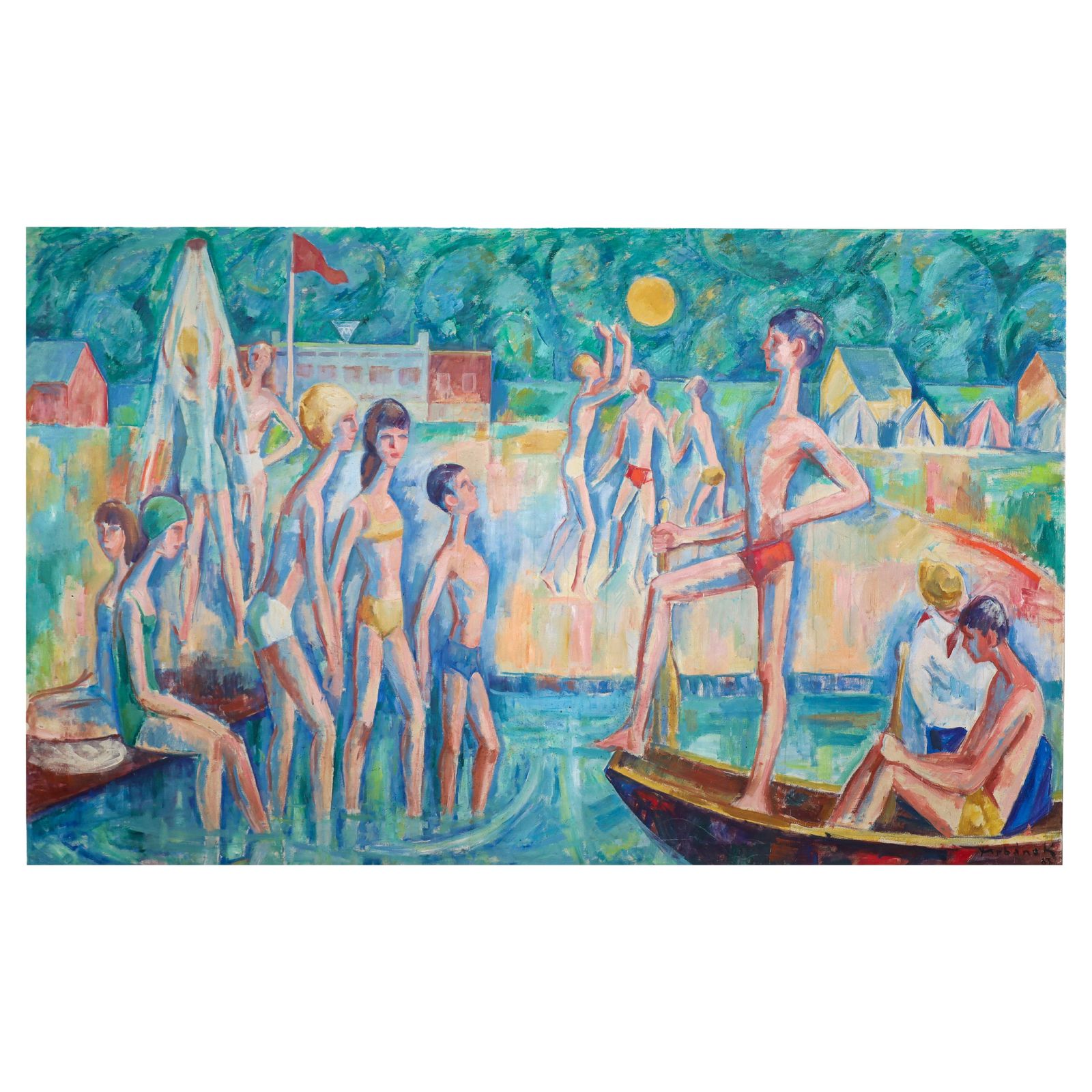 Monumental Modernist Painting ‘Swimmers’ By Urbanek, Prague 1963