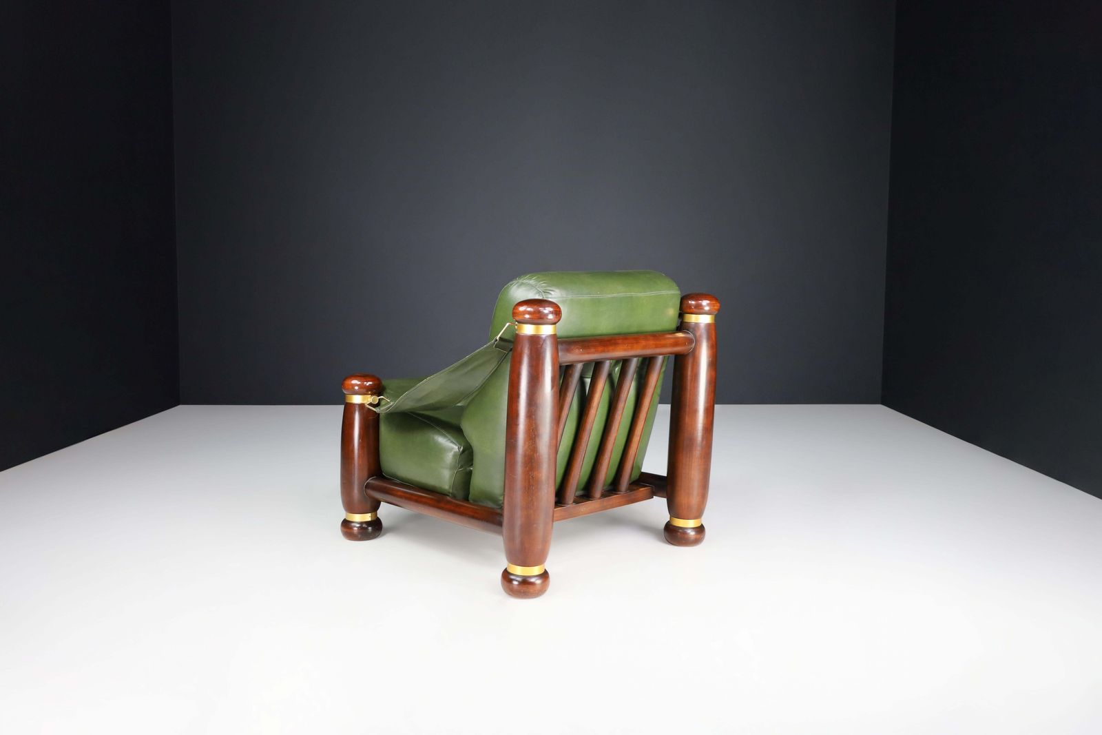 Walnut, Brass, And Green Leather Lounge Chairs From, Italy, 1960s photo for sale