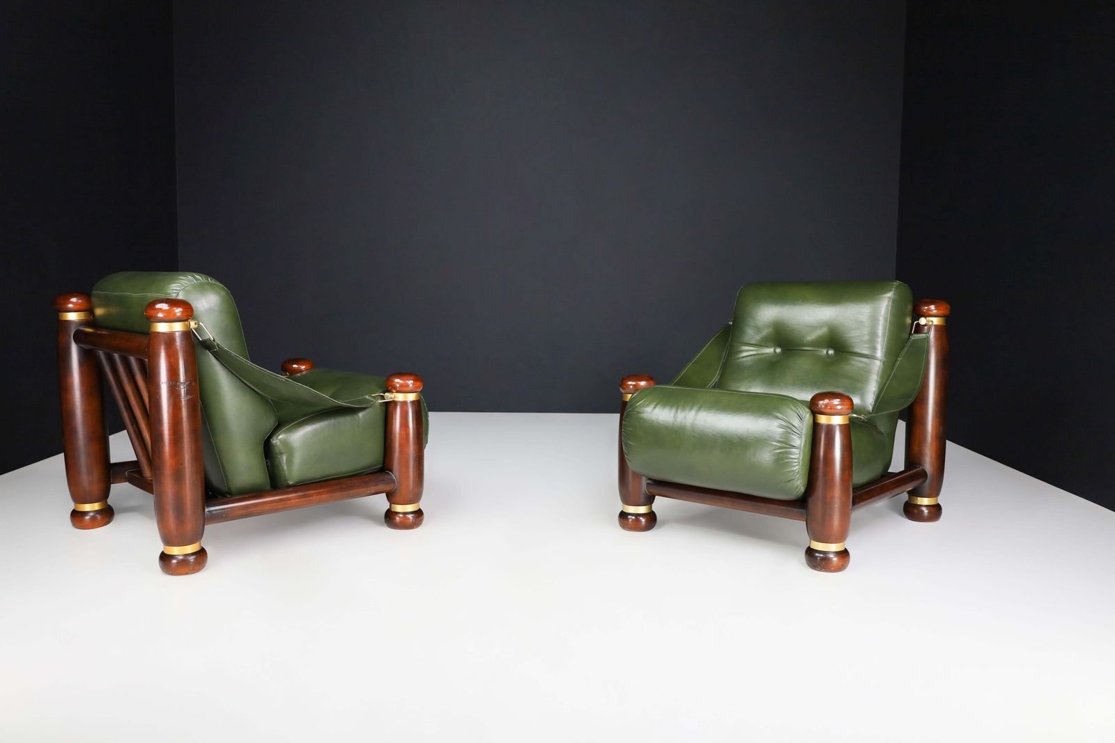 photo furniture Walnut, Brass, And Green Leather Lounge Chairs From, Italy, 1960s