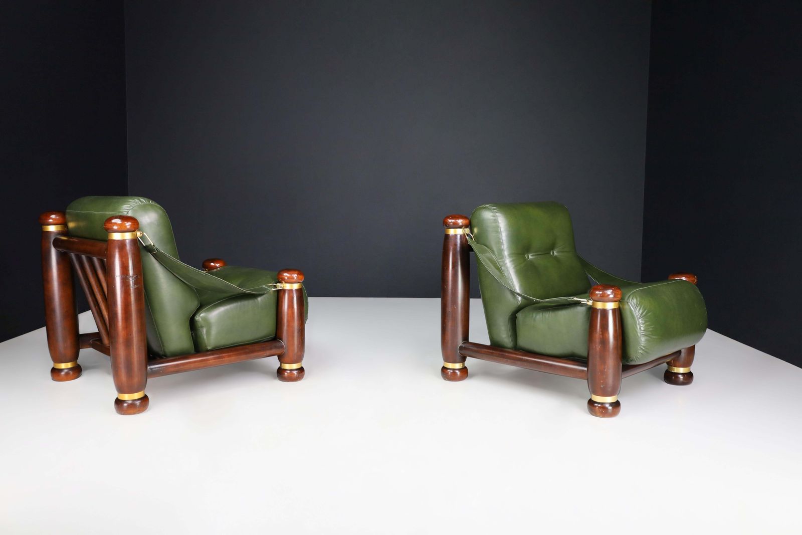 Furniture Walnut, Brass, And Green Leather Lounge Chairs From, Italy, 1960s photo