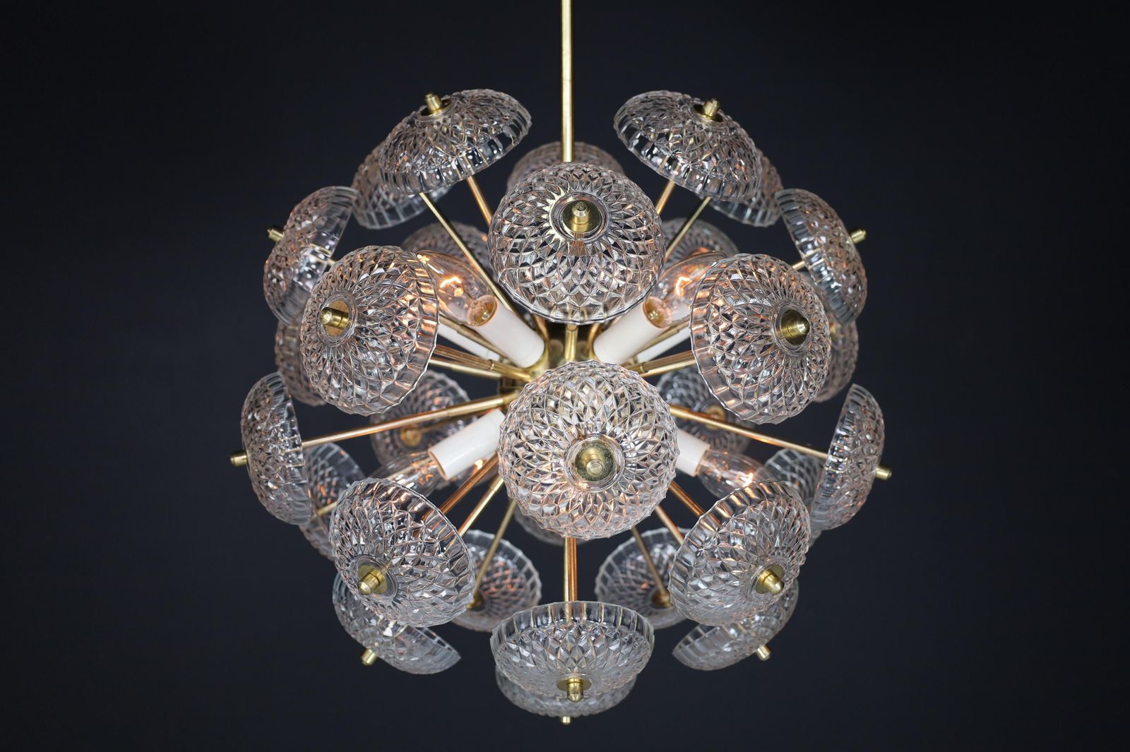 Mid Century Modern Brass Floral Glass And Brass Chandelier,  Europe, 1960s photo vinterior