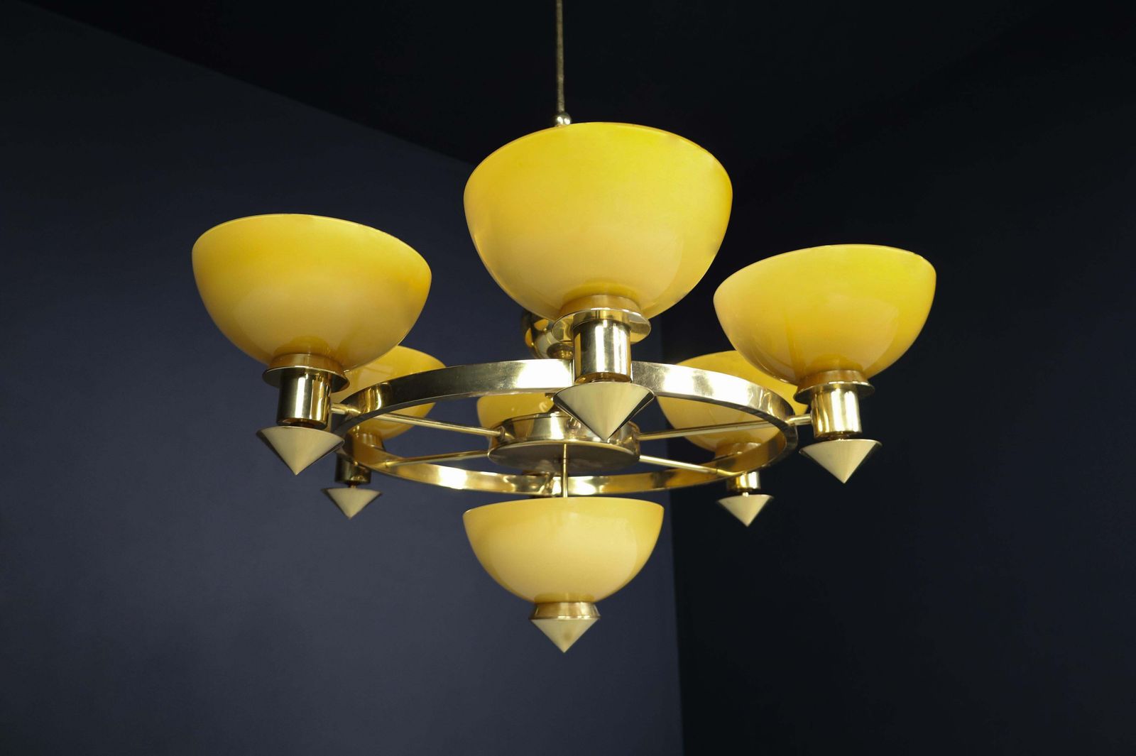 Sculptural Italian Xl Chandelier, Brass & Amber Gold Opaline Glass, 1970s photo for sale