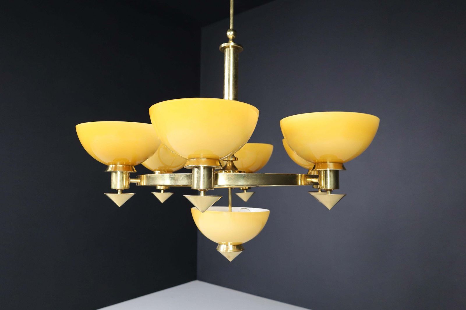Sculptural Italian Xl Chandelier, Brass & Amber Gold Opaline Glass, 1970s photo 5899.0