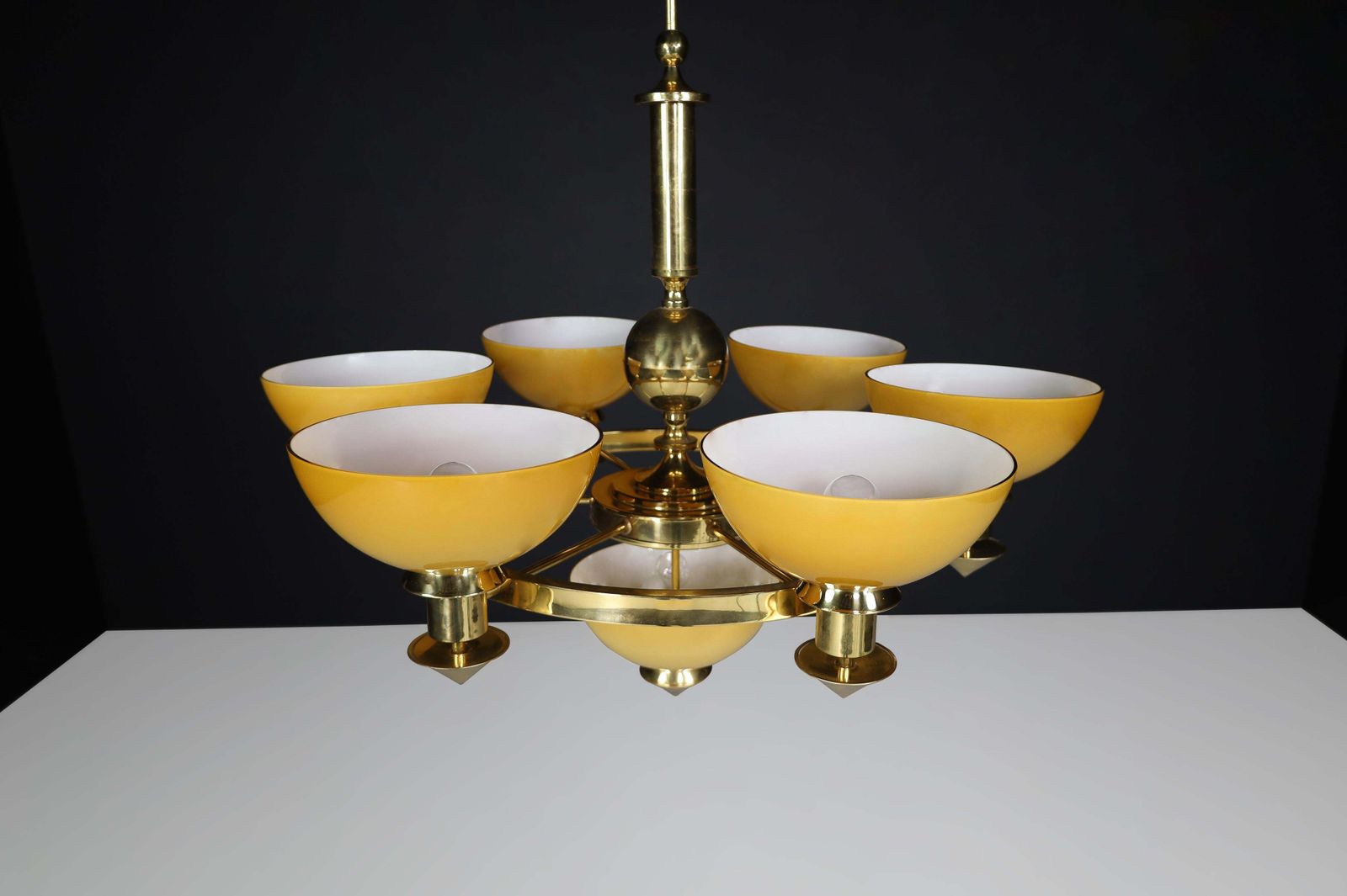 Sculptural Italian Xl Chandelier, Brass & Amber Gold Opaline Glass, 1970s photo buy