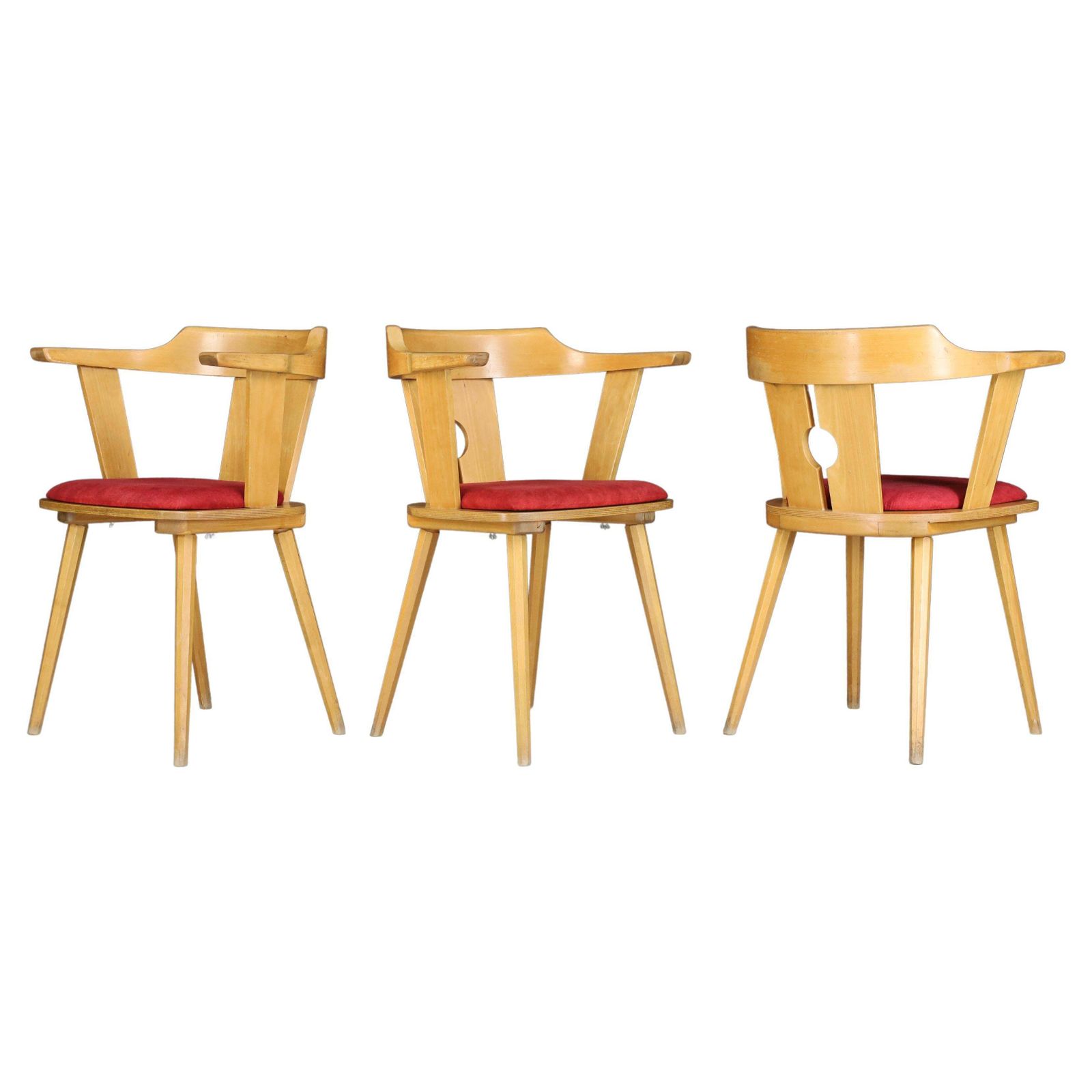 Large Set/12 Of Dining Arm Chairs In Beech And Original Upholstery, France 1960s