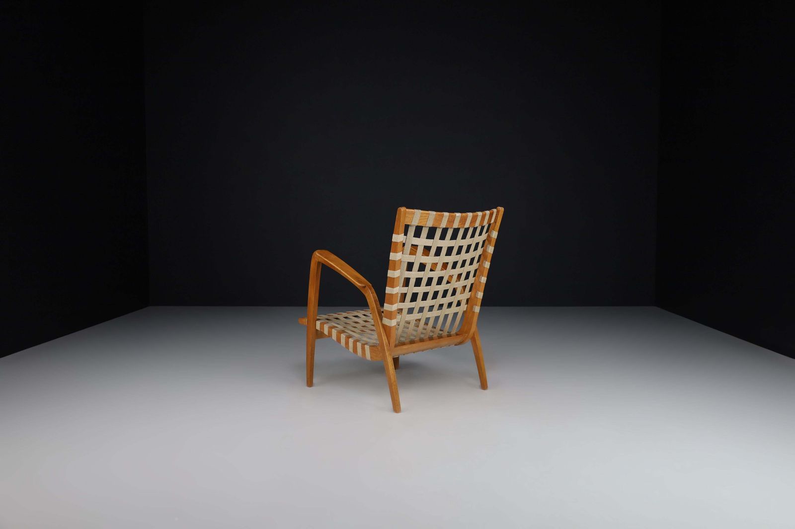 Jan Vanek Curved Easy Chair In Oak And Woven Canvas Straps, Praque 1930s photo furniture