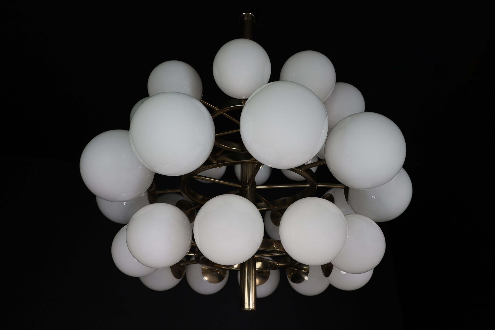 Mid Century Modernist Chandelier With 30 Handblown Opaline Glass Globes photo for sale